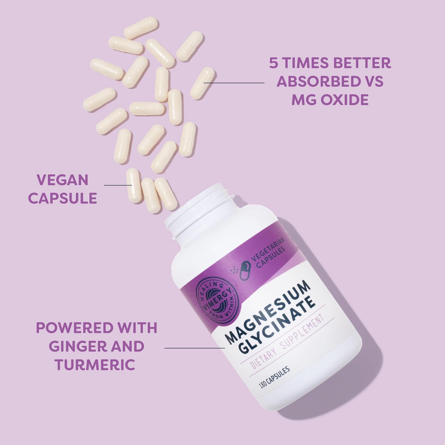Vimergy Magnesium Glycinate Capsules - Stress Support and Heart Health - Chelated for Digestive Comfort - Vegan and Gluten-Free - 180 Count
