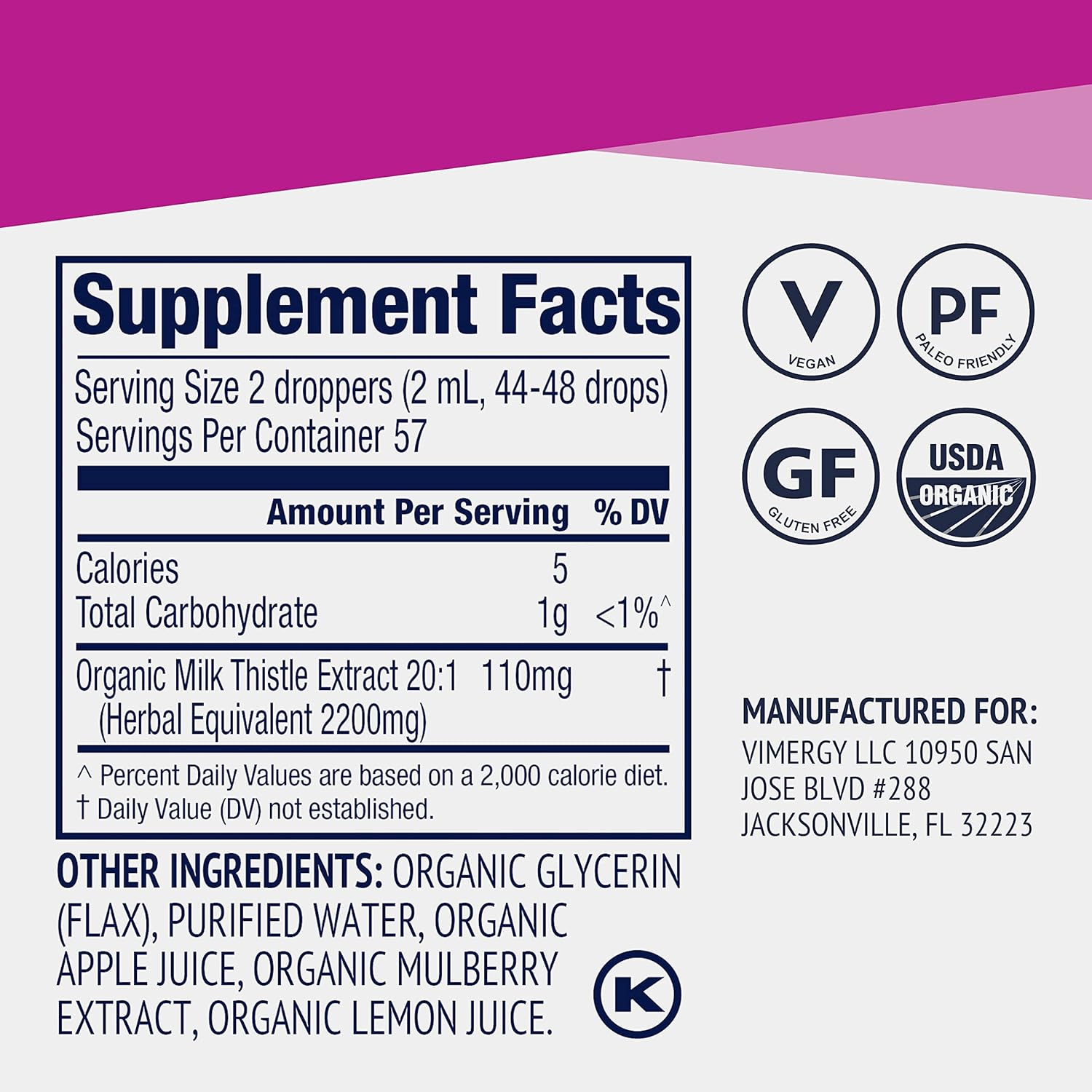 Vimergy Milk Thistle Liquid Extract - Organic Liver Support - Digestive Health - Vegan & Gluten-Free - 115 mL (57 Servings)