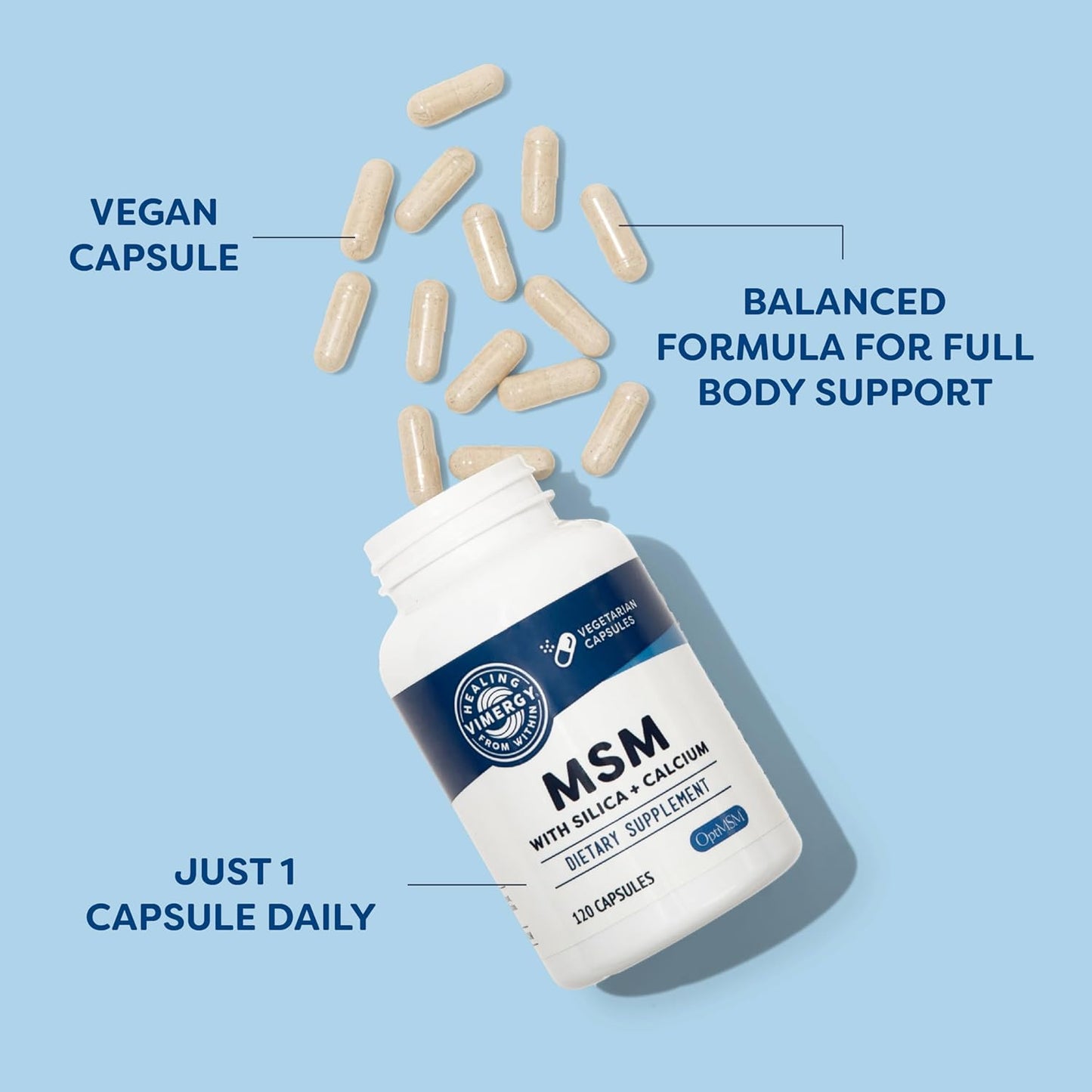 Vimergy MSM with Silica + Calcium Capsules - 120 Servings - Support Bone, Hair, and Nail Health - Non-GMO, Gluten-Free, Kosher, Soy-Free, Corn-Free - Vegan & Paleo Friendly
