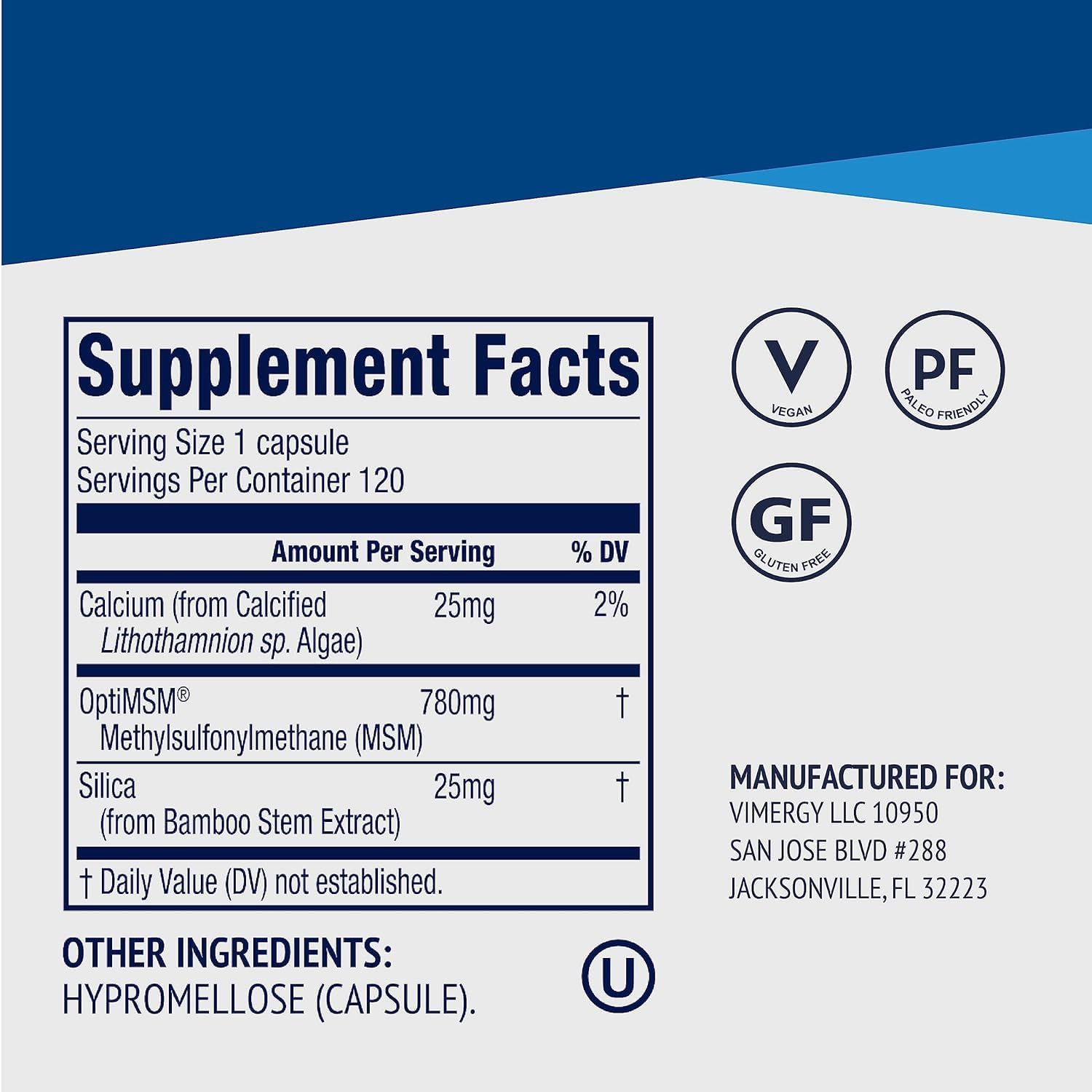 Vimergy MSM with Silica + Calcium Capsules - 120 Servings - Support Bone, Hair, and Nail Health - Non-GMO, Gluten-Free, Kosher, Soy-Free, Corn-Free - Vegan & Paleo Friendly