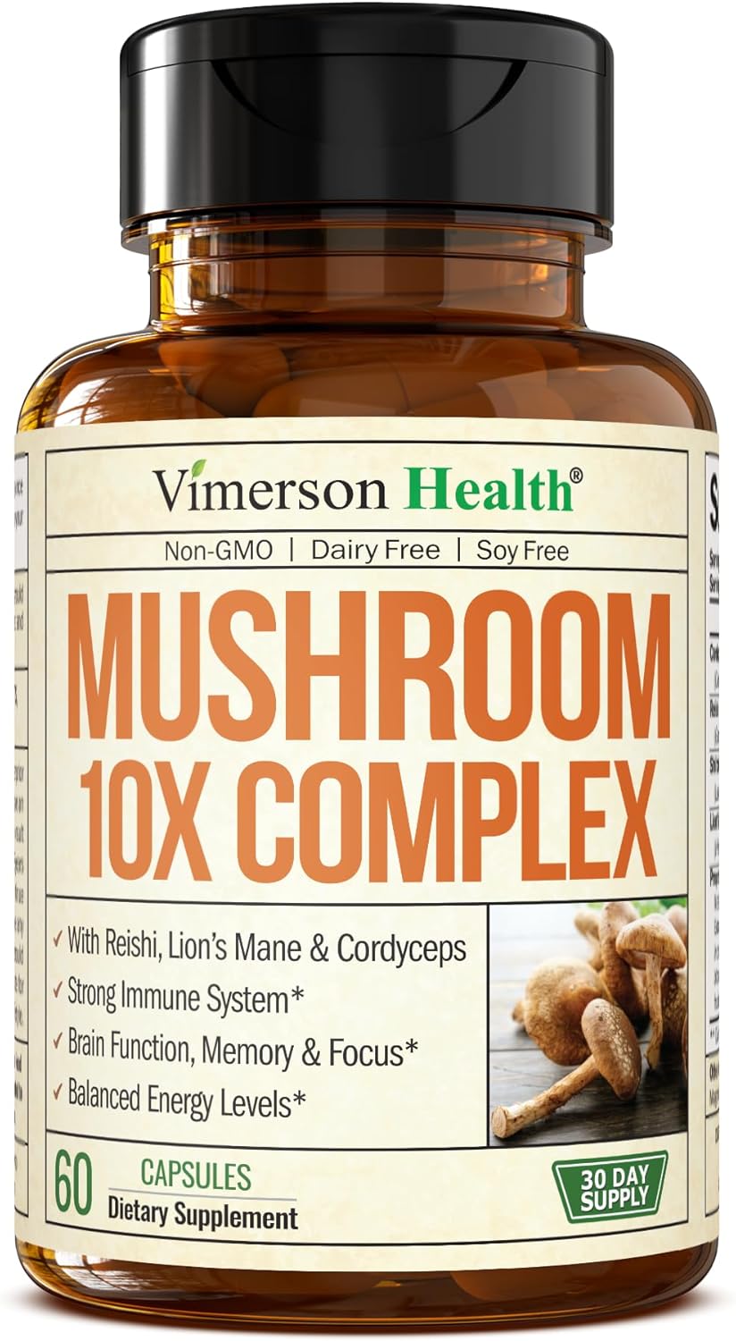 Vimerson Health Mushroom Complex Supplement - Lion’s Mane, Reishi, Cordyceps, Chaga, Turkey Tail & More. Memory, Focus, Immune Support, Energy. 60 Capsules.