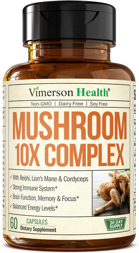 Vimerson Health Mushroom Complex Supplement - Lion’s Mane, Reishi, Cordyceps, Chaga, Turkey Tail & More. Memory, Focus, Immune Support, Energy. 60 Capsules.