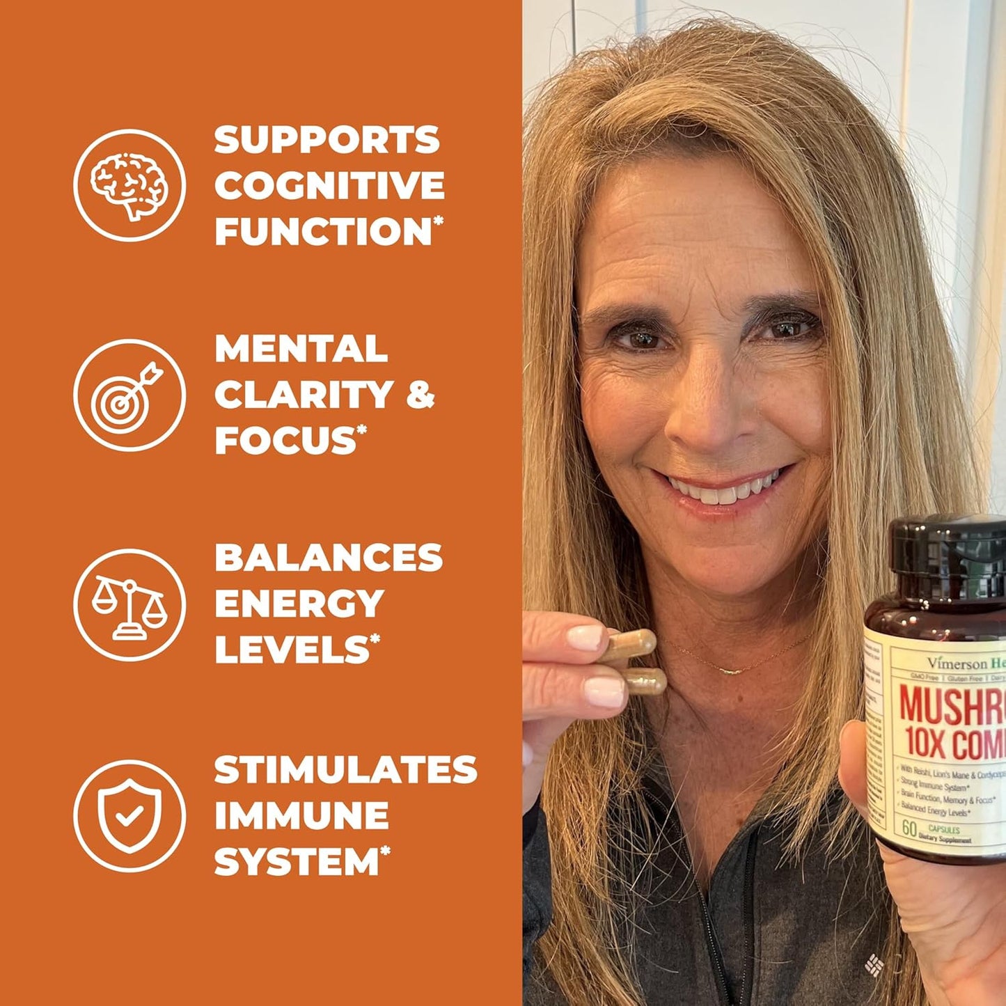 Vimerson Health Mushroom Complex Supplement - Lion’s Mane, Reishi, Cordyceps, Chaga, Turkey Tail & More. Memory, Focus, Immune Support, Energy. 60 Capsules.