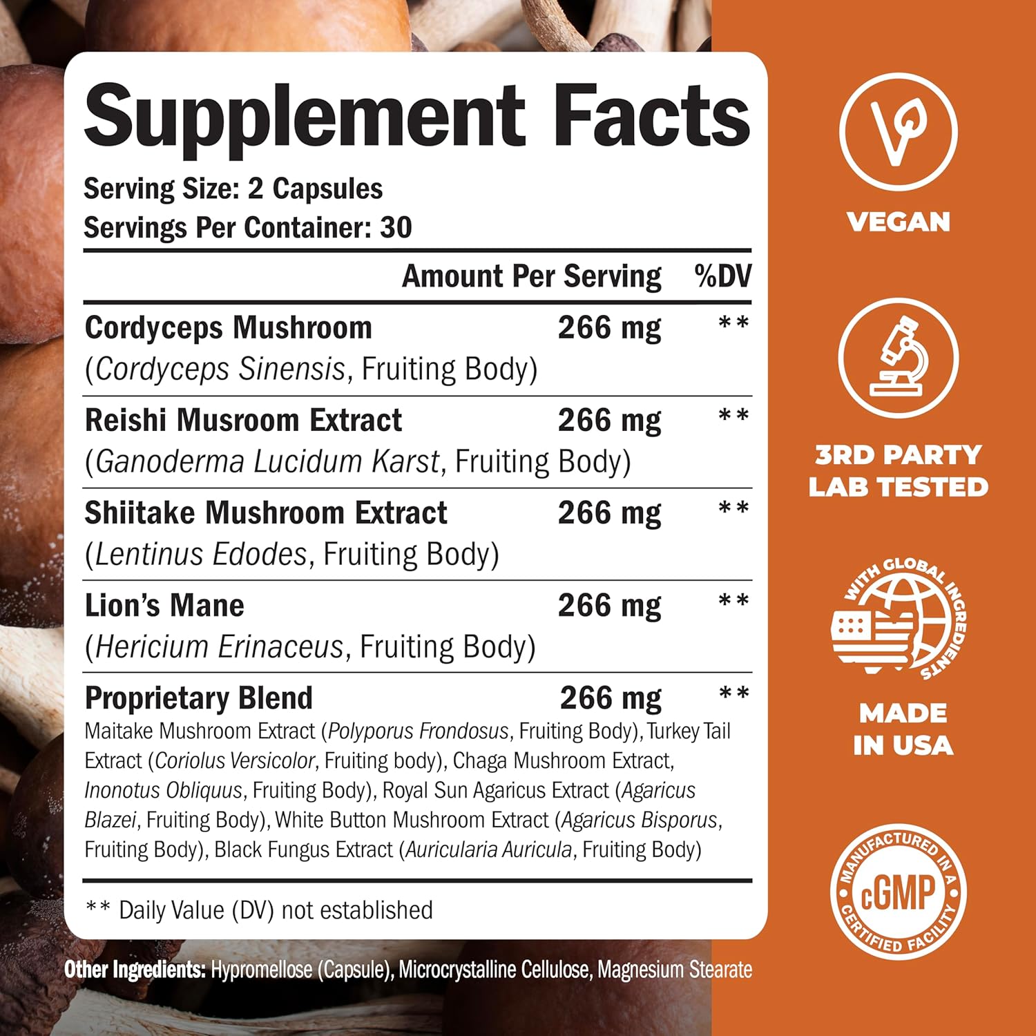 Vimerson Health Mushroom Complex Supplement - Lion’s Mane, Reishi, Cordyceps, Chaga, Turkey Tail & More. Memory, Focus, Immune Support, Energy. 60 Capsules.