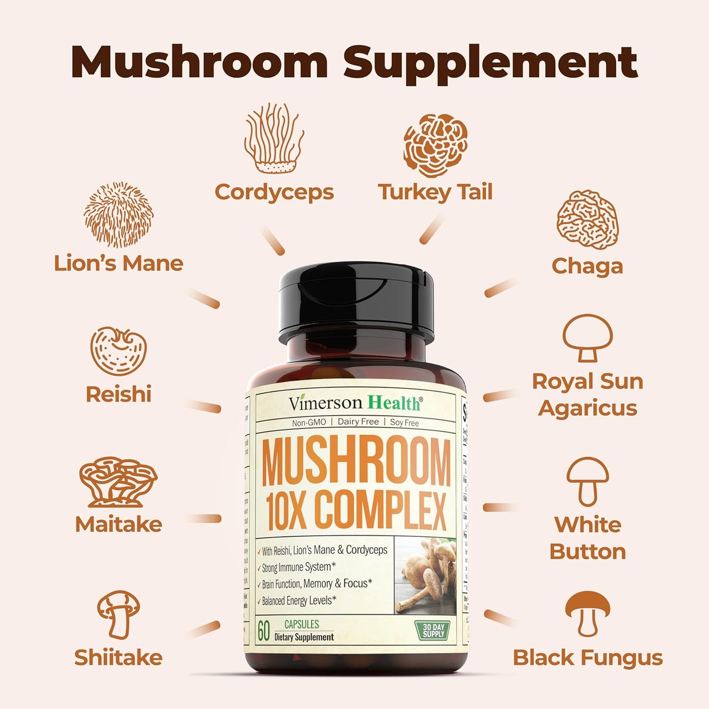 Vimerson Health Mushroom Complex Supplement - Lion’s Mane, Reishi, Cordyceps, Chaga, Turkey Tail & More. Memory, Focus, Immune Support, Energy. 60 Capsules.