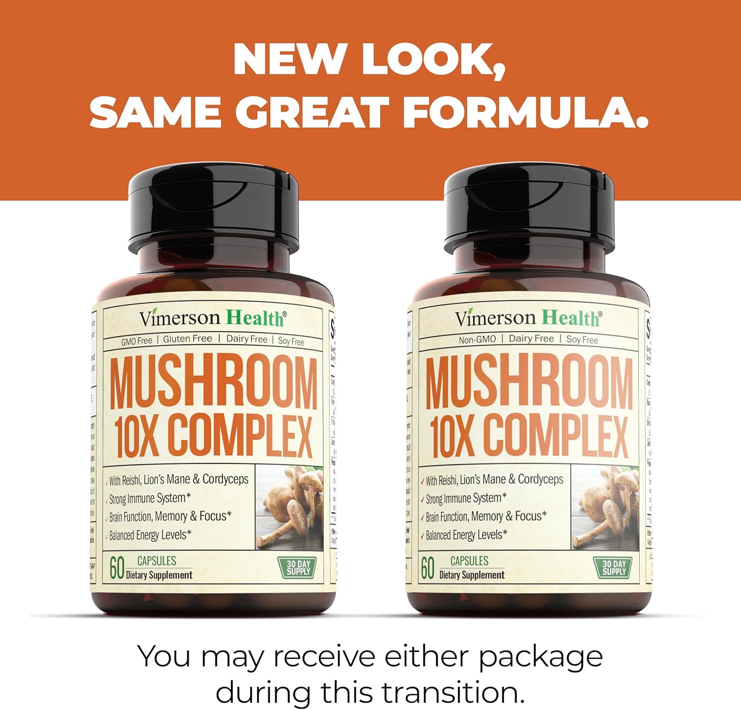 Vimerson Health Mushroom Complex Supplement - Lion’s Mane, Reishi, Cordyceps, Chaga, Turkey Tail & More. Memory, Focus, Immune Support, Energy. 60 Capsules.