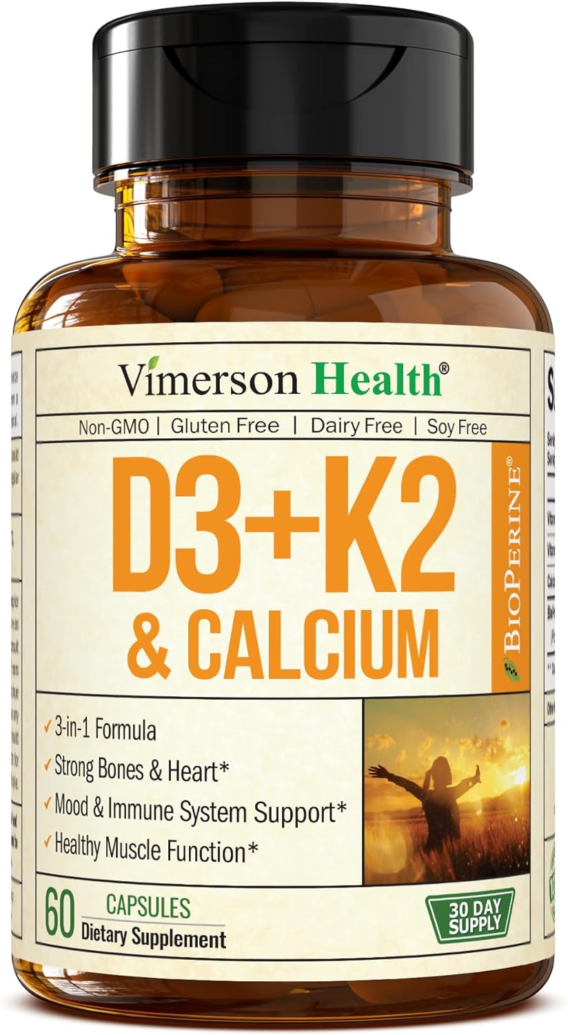 Vimerson Health Vitamin D3 K2 & Calcium Supplement with BioPerine - Immune, Bone, Heart Health - 60 Capsules