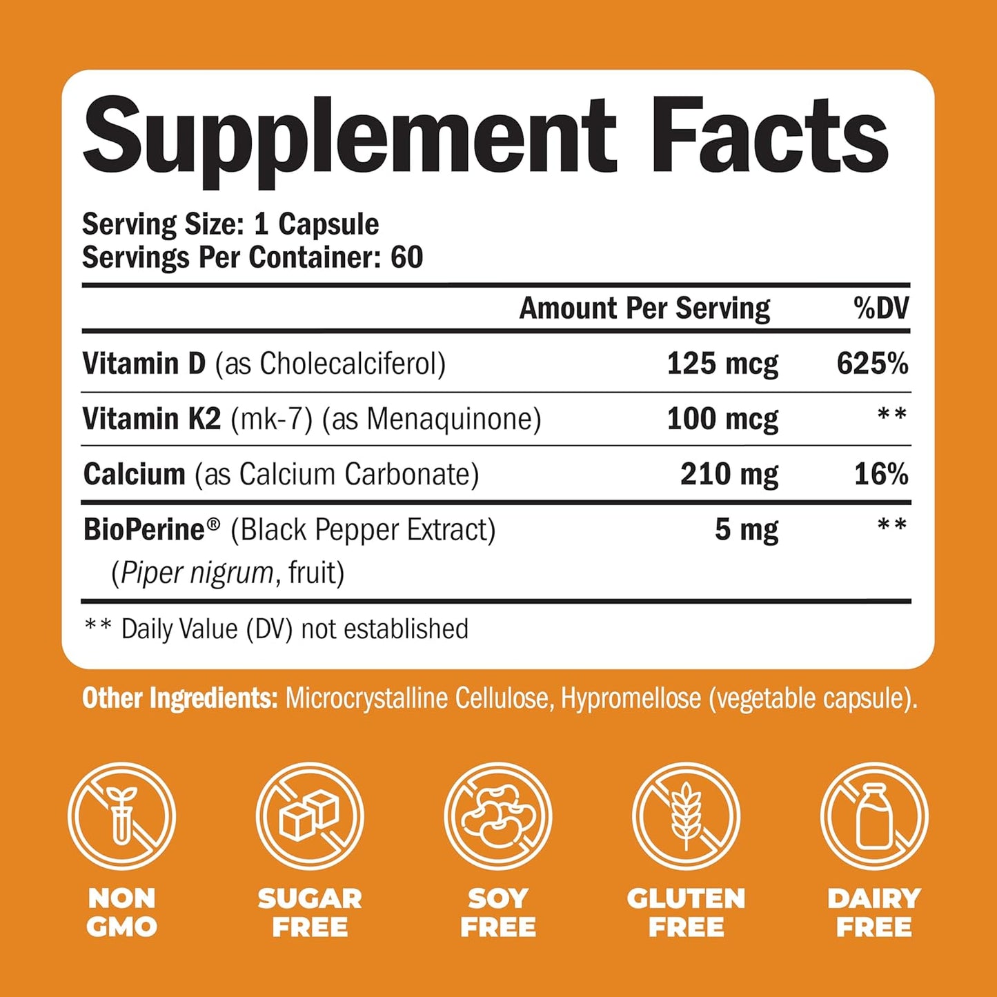 Vimerson Health Vitamin D3 K2 & Calcium Supplement with BioPerine - Immune, Bone, Heart Health - 60 Capsules