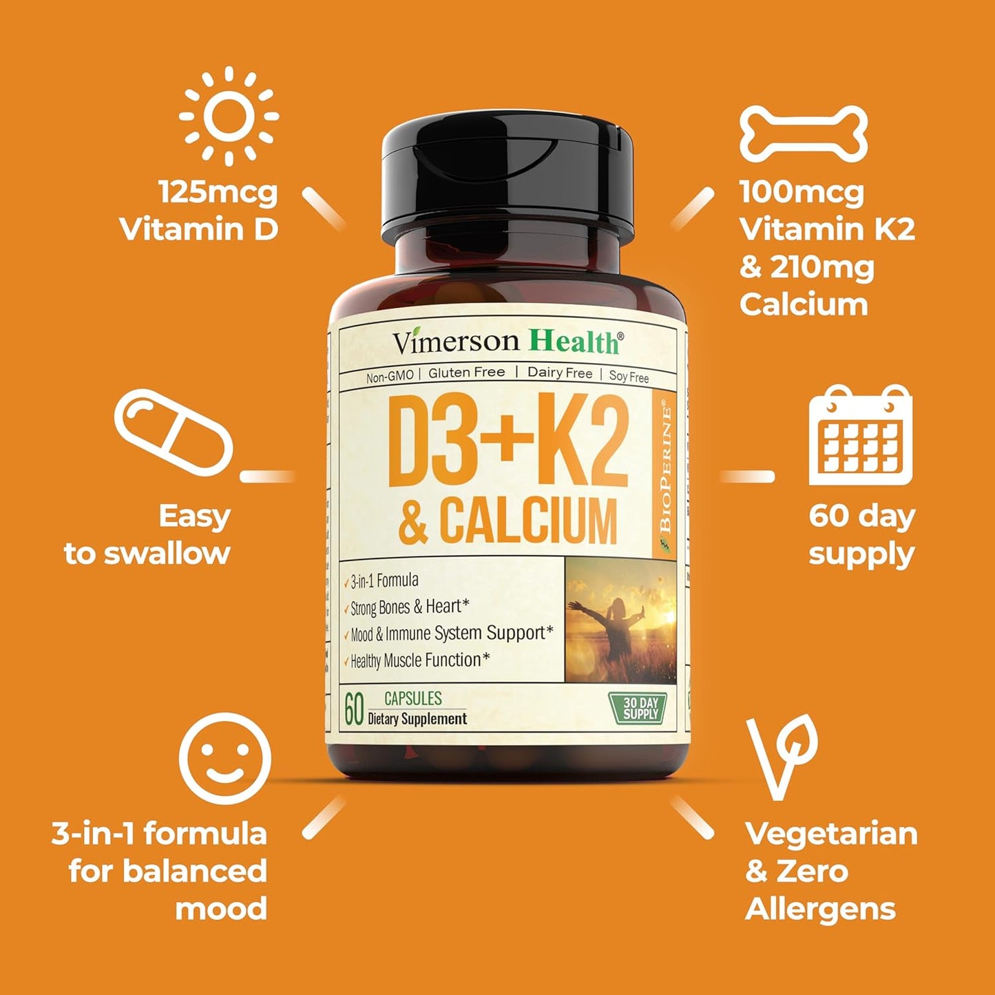 Vimerson Health Vitamin D3 K2 & Calcium Supplement with BioPerine - Immune, Bone, Heart Health - 60 Capsules
