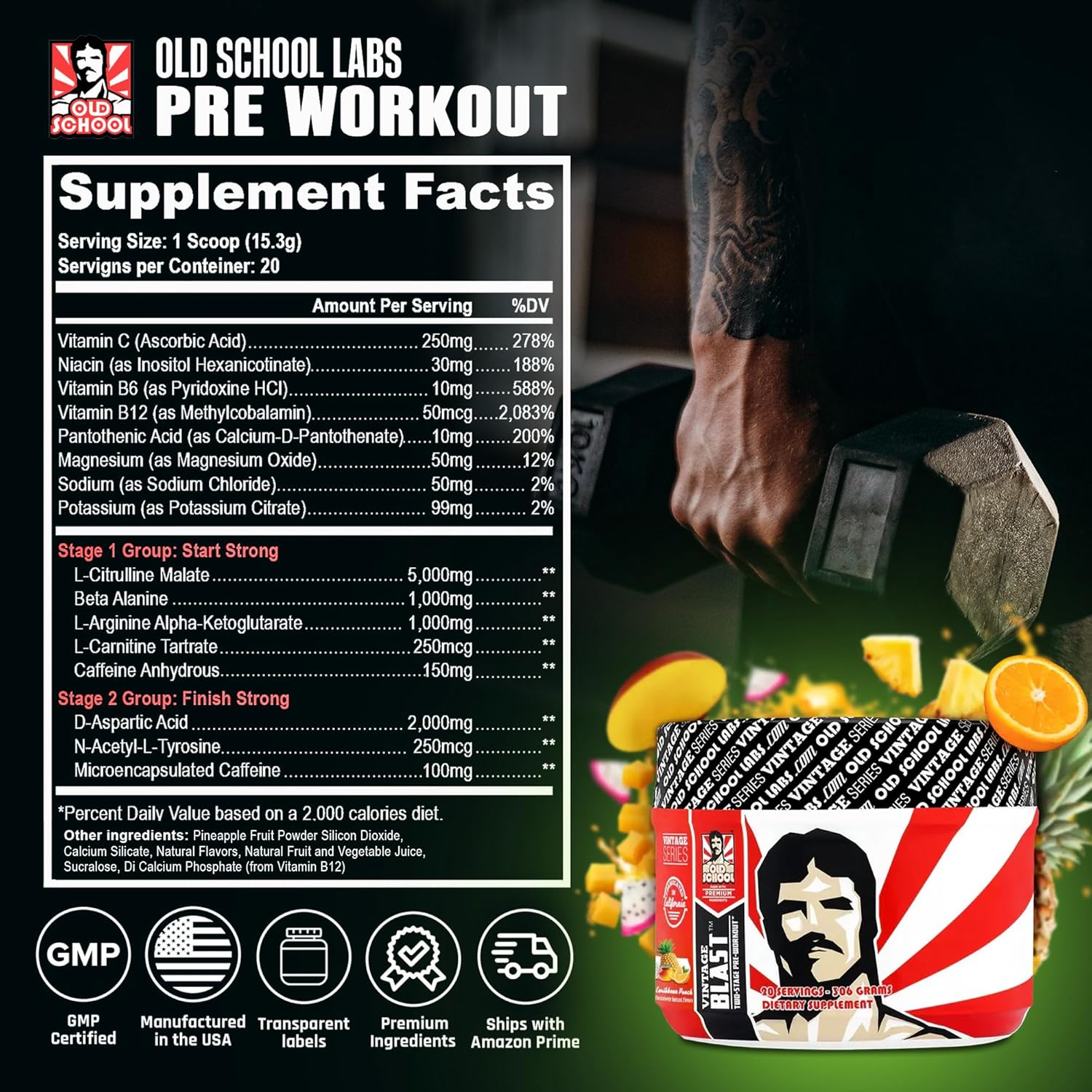 Vintage Blast Pre Workout Supplement - Two-Stage Formula for Energy, Endurance & Focus - Natural Ingredients for Boosted Workouts - 306g