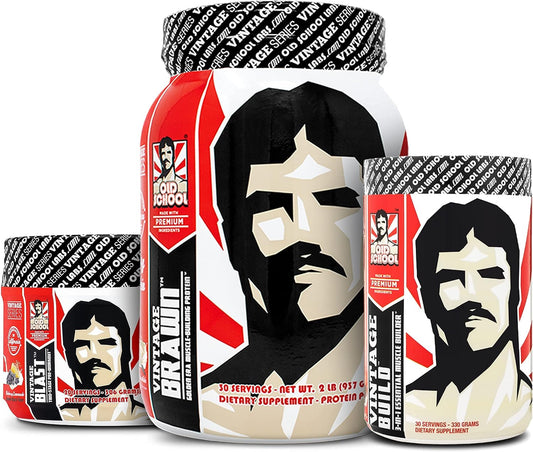 Vintage Build Post Workout, Vintage Blast Pre Workout, and Vintage Brawn Protein Powder by Old School Labs