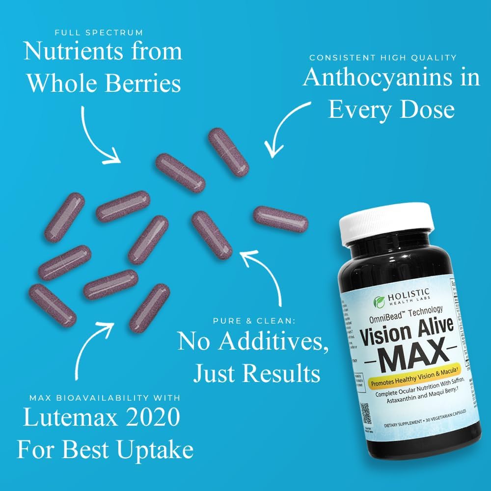 Vision Alive Max: 8 Natural Ingredients Lutemax® 2020, Bilberries, Blueberries, c3g, Maqui Berry, Saffron, Astaxanthin - 30 Count