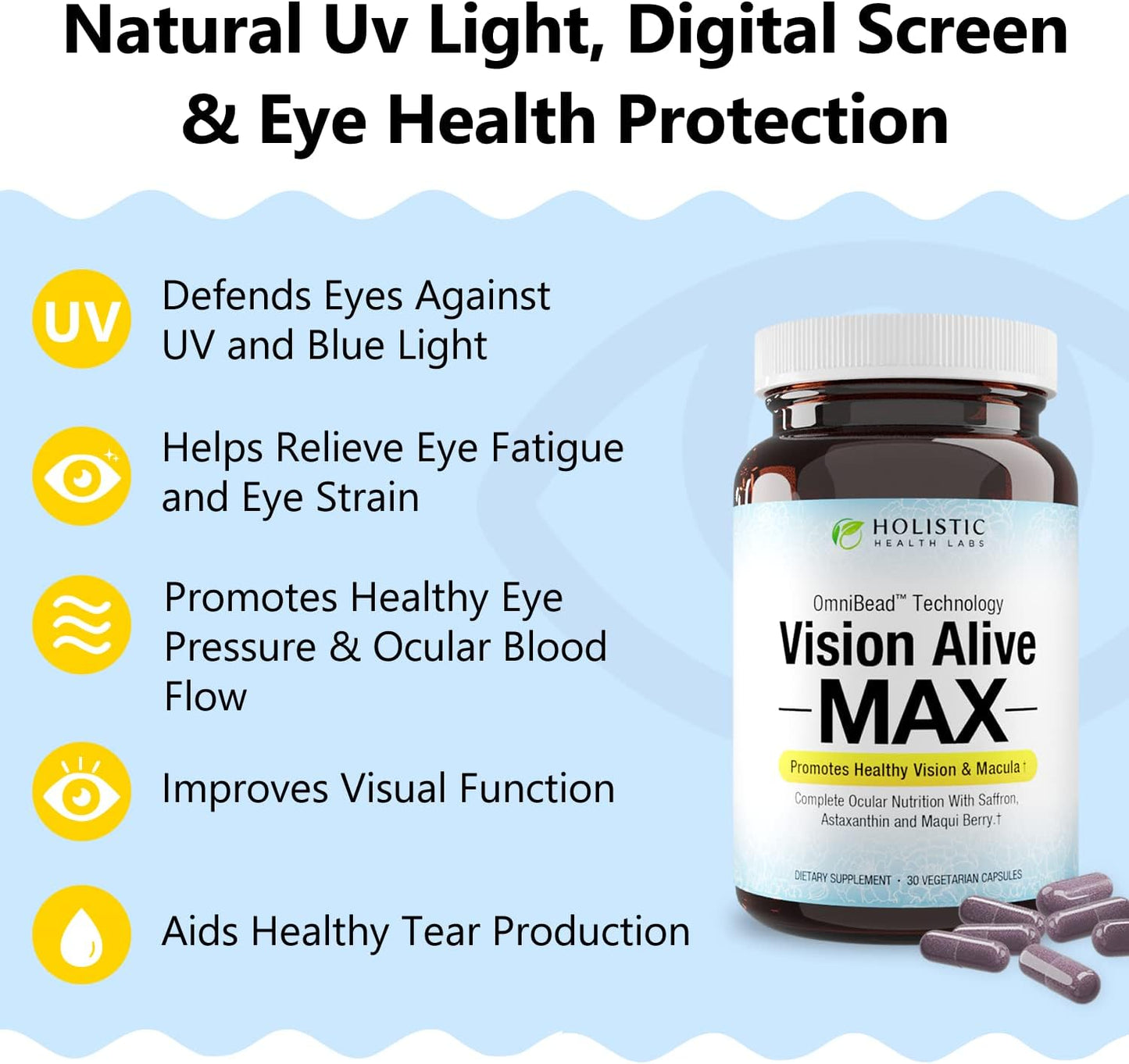 Vision Alive Max: 8 Natural Ingredients Lutemax® 2020, Bilberries, Blueberries, c3g, Maqui Berry, Saffron, Astaxanthin - 30 Count