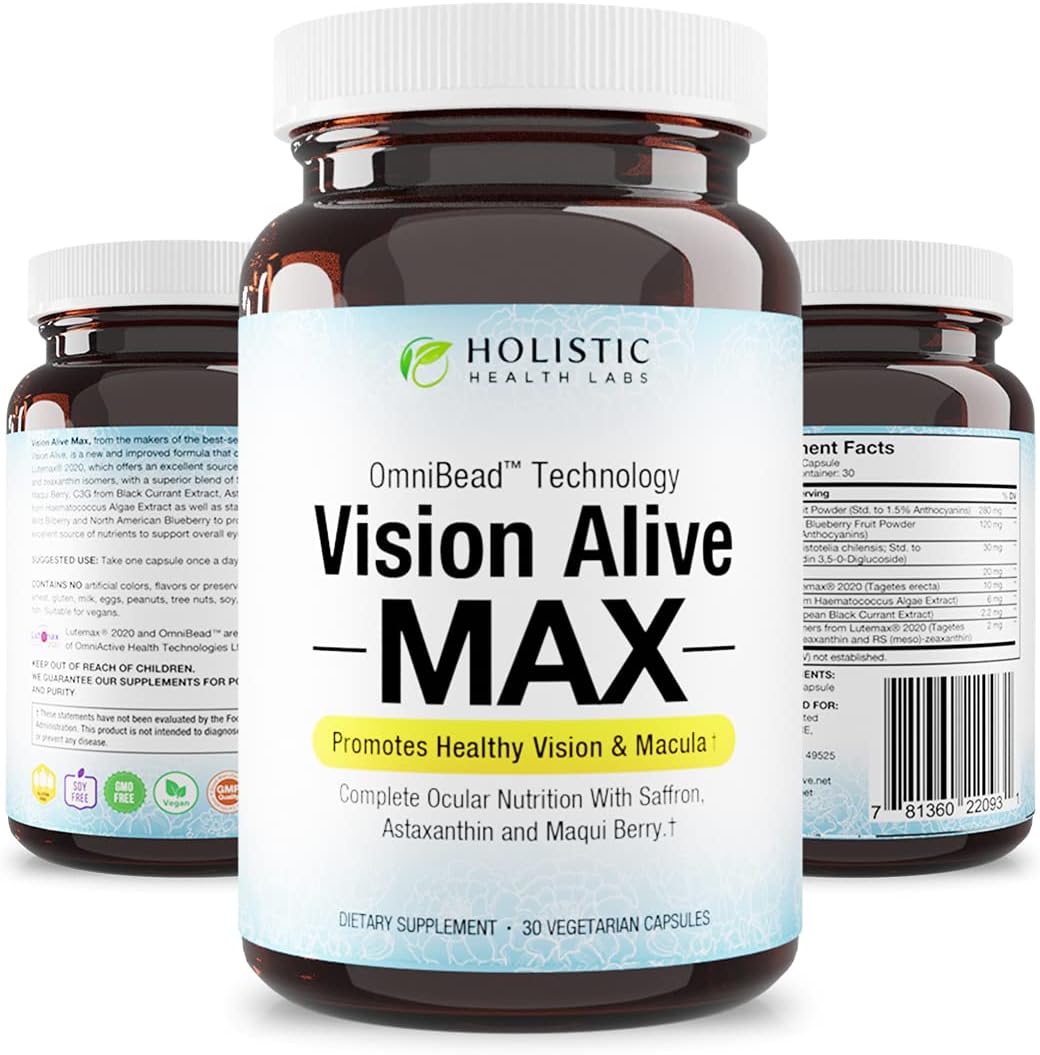 Vision Alive Max: 8 Natural Ingredients Lutemax® 2020, Bilberries, Blueberries, c3g, Maqui Berry, Saffron, Astaxanthin - 30 Count