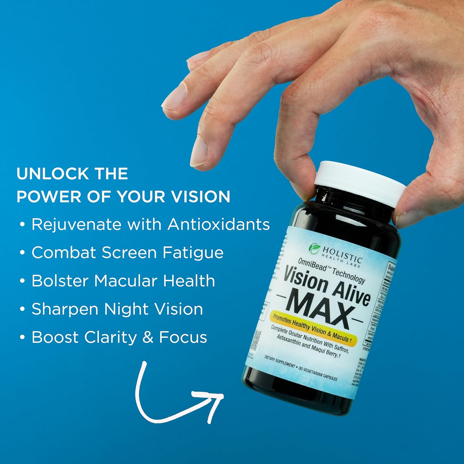 Vision Alive Max Supplement with Lutemax® 2020, Bilberries, Blueberries, c3g, Maqui Berry, Saffron, and Astaxanthin - 60 Capsules