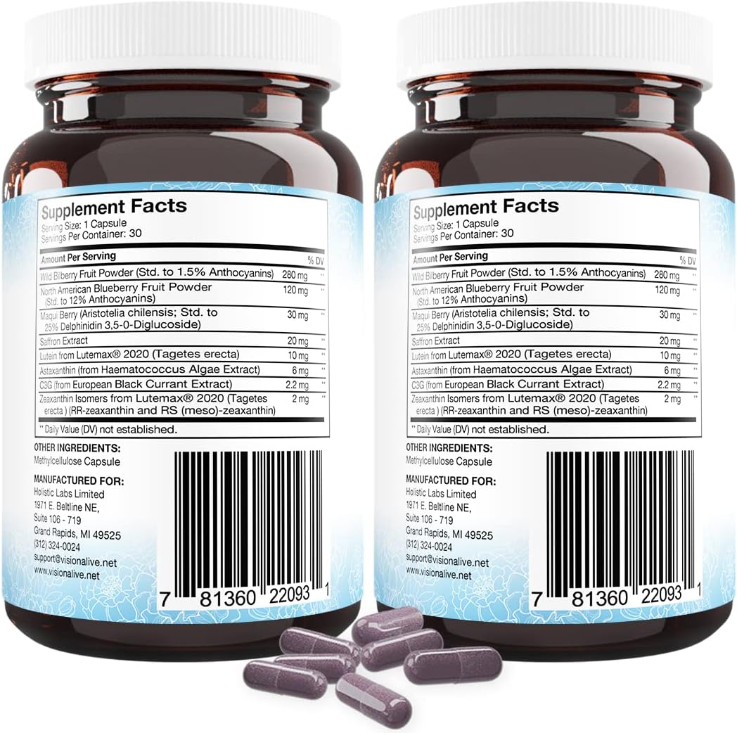 Vision Alive Max Supplement with Lutemax® 2020, Bilberries, Blueberries, c3g, Maqui Berry, Saffron, and Astaxanthin - 60 Capsules