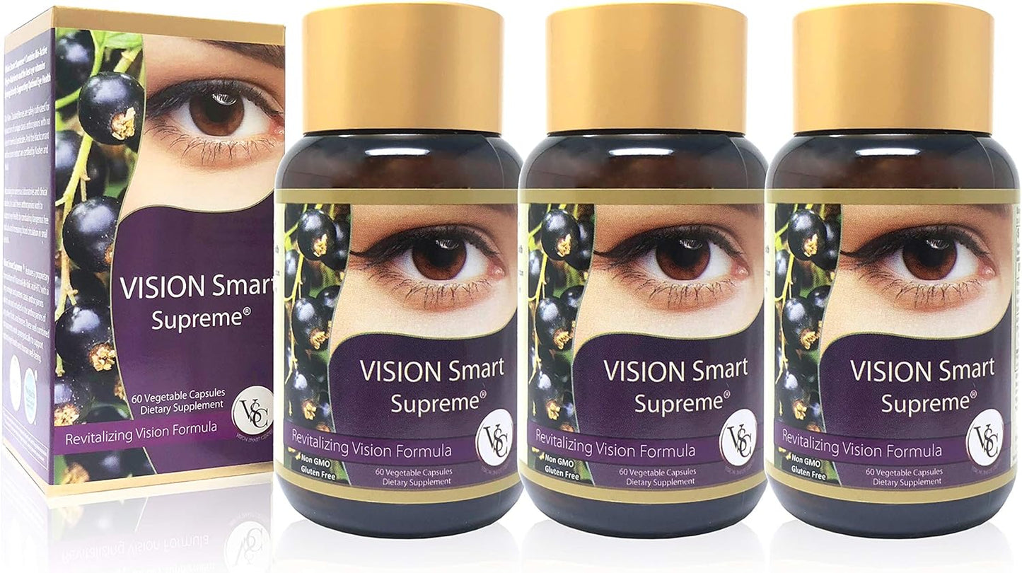 Vision Smart Supreme: Premium Eye Supplement with 210mg Pure Anthocyanins of D3R and C3R - 3 Bottles of Veggie Capsules from USA