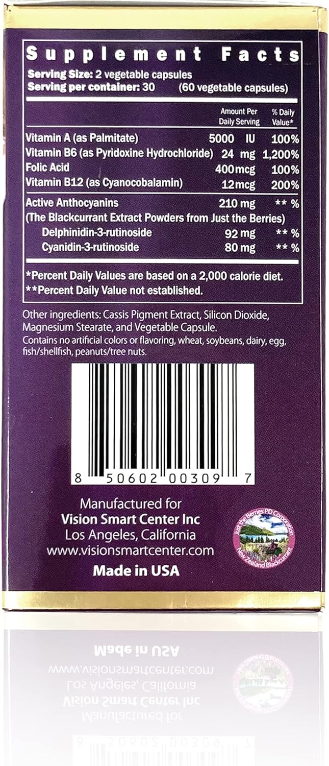 Vision Smart Supreme: Premium Eye Supplement with 210mg Pure Anthocyanins of D3R and C3R - 3 Bottles of Veggie Capsules from USA