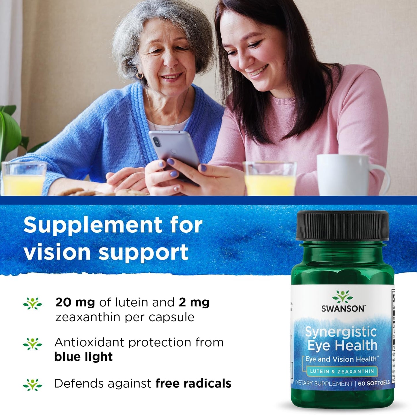 Vision Support Supplement with Lutemax Lutein 20mg and OmniXan Zeaxanthin 2mg - 60 Softgels for Eye Health - Swanson Synergistic Formula