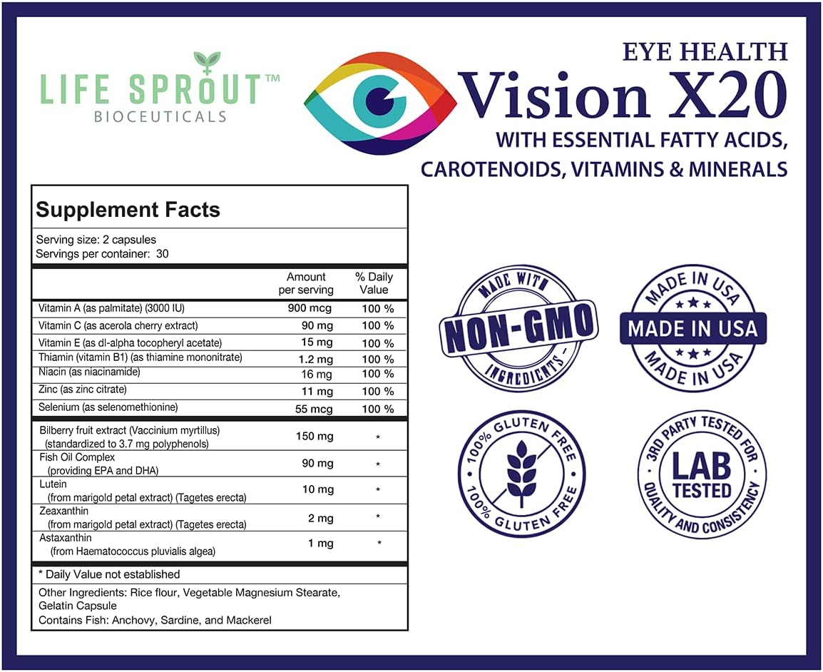Vision X20 - Eye Health Supplement with Lutein, Beta-Carotene, Bilberry, Niacin & Glutathione by Life Sprout Bioceuticals