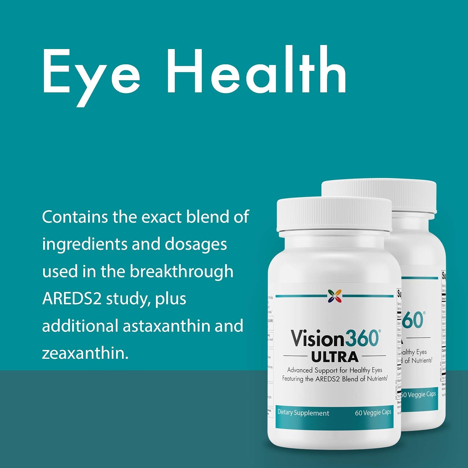 Vision360 Ultra AREDS2: Eye Health Supplement with Vitamins C, E, D3, B2, B12, Zinc, Copper, Astaxanthin, and Lutein - 60 Vcaps
