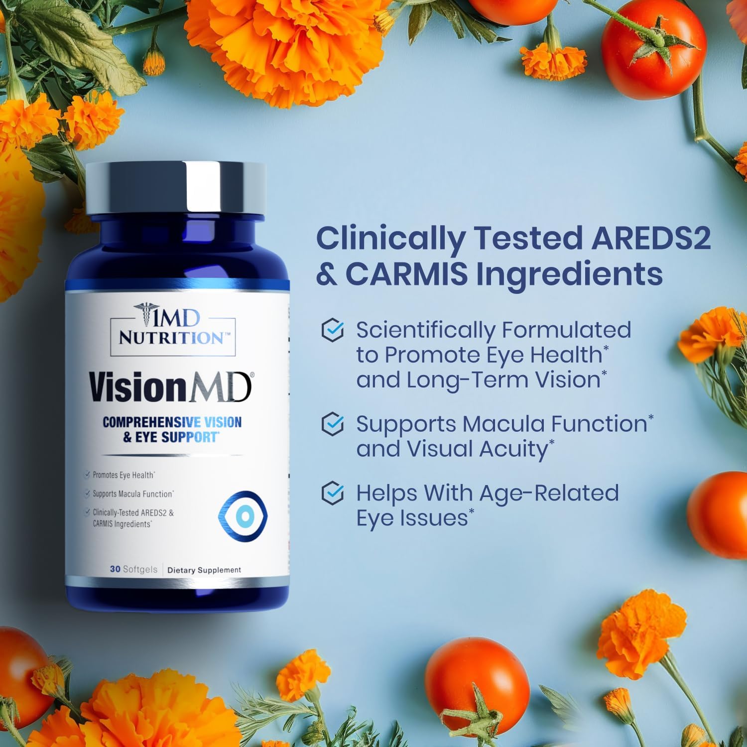 VisionMD Eye Vitamin CARMIS - Eye Supplement for Adults with OptiLut Lutein & Zeaxanthin - Supports Vision Health, Reduces Eye Strain & Dryness - 30 Softgels