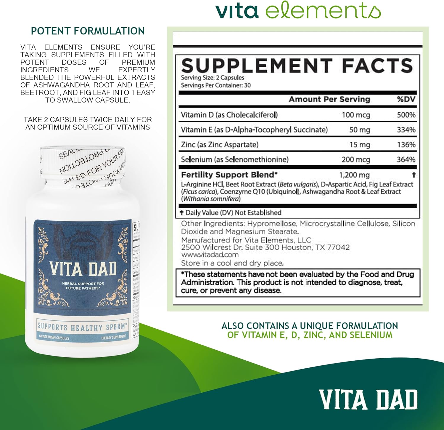 Vita Dad Male Fertility Supplement - Supports Fertility with Ashwagandha, L-Arginine, Coenzyme Q10, Beet Root, Fig Leaf Extract, Vitamins, Minerals - 60 Vegetarian Capsules