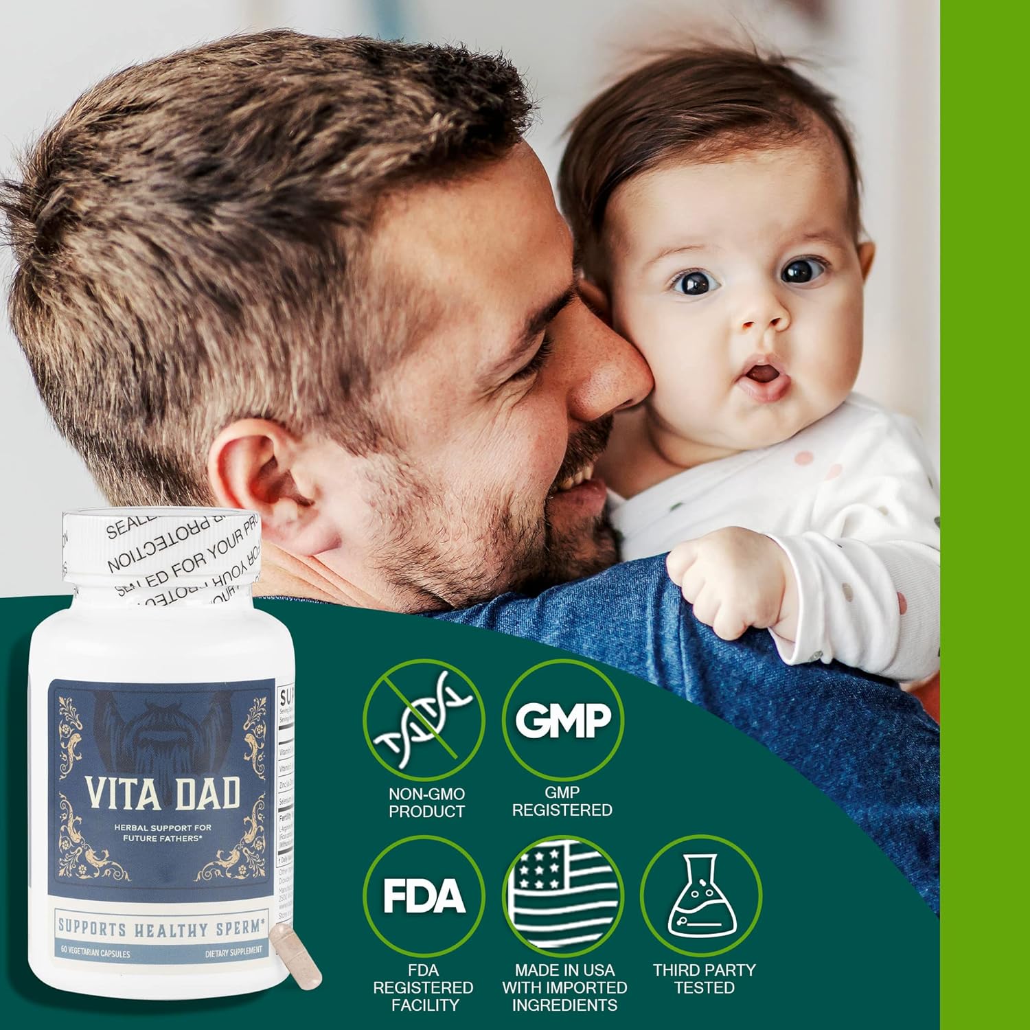 Vita Dad Male Fertility Supplement - Supports Fertility with Ashwagandha, L-Arginine, Coenzyme Q10, Beet Root, Fig Leaf Extract, Vitamins, Minerals - 60 Vegetarian Capsules