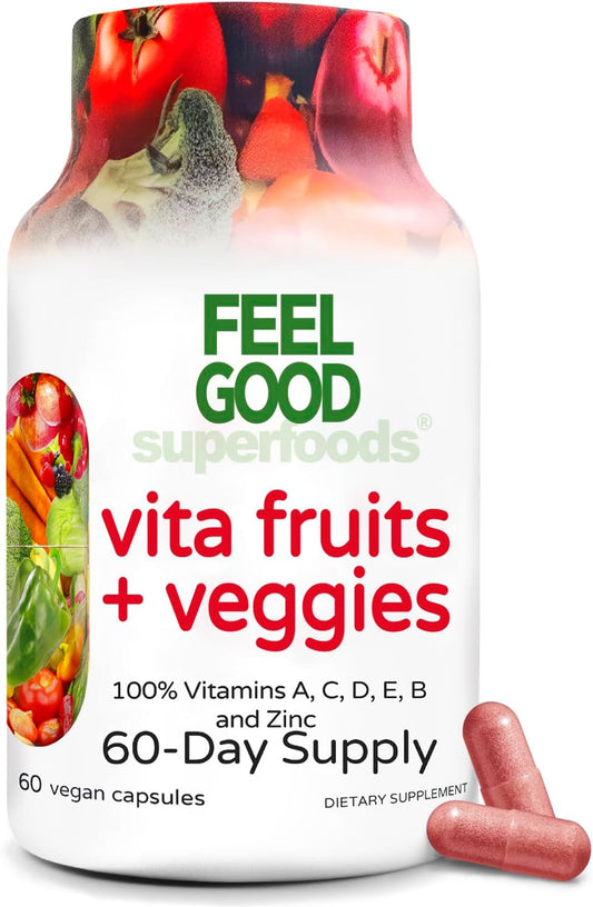 Vita Fruits and Veggies Capsules - 25 Superfood Ingredients Multivitamin for Men and Women - 60 Count with Vitamins A, C, D, E, B, and Zinc