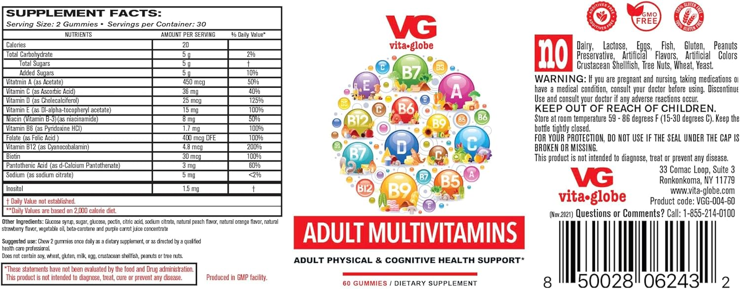 VITA GLOBE Adult Multivitamin Gummy with Essential Vitamins - 60 Count Pack - Vitamin C, D, E, B6, B12, Biotin, Pantothenic Acid, Folate - Daily Supplement for Wellness and Immune Support