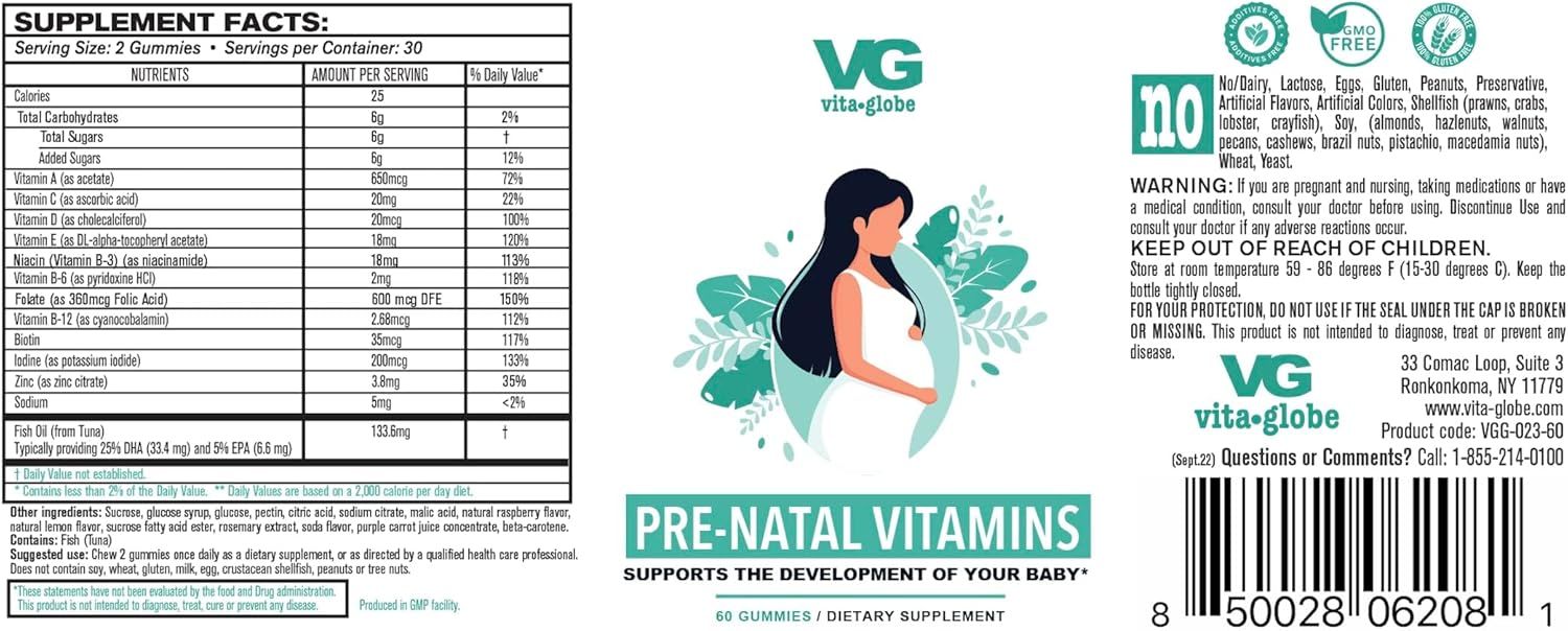 VITA GLOBE Prenatal Vitamin Gummy - 60 Count Women's Multivitamin for Growth, Brain Development, Vitamin A, D, E, B6, Folate, Biotin