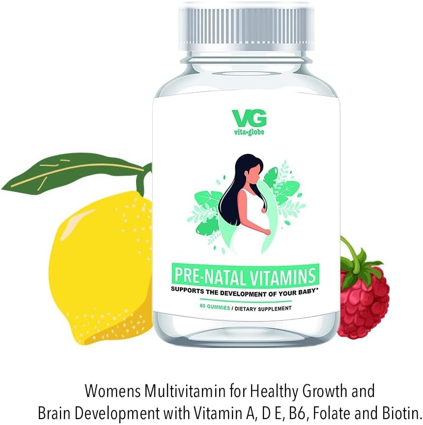 VITA GLOBE Prenatal Vitamin Gummy - 60 Count Women's Multivitamin for Growth, Brain Development, Vitamin A, D, E, B6, Folate, Biotin