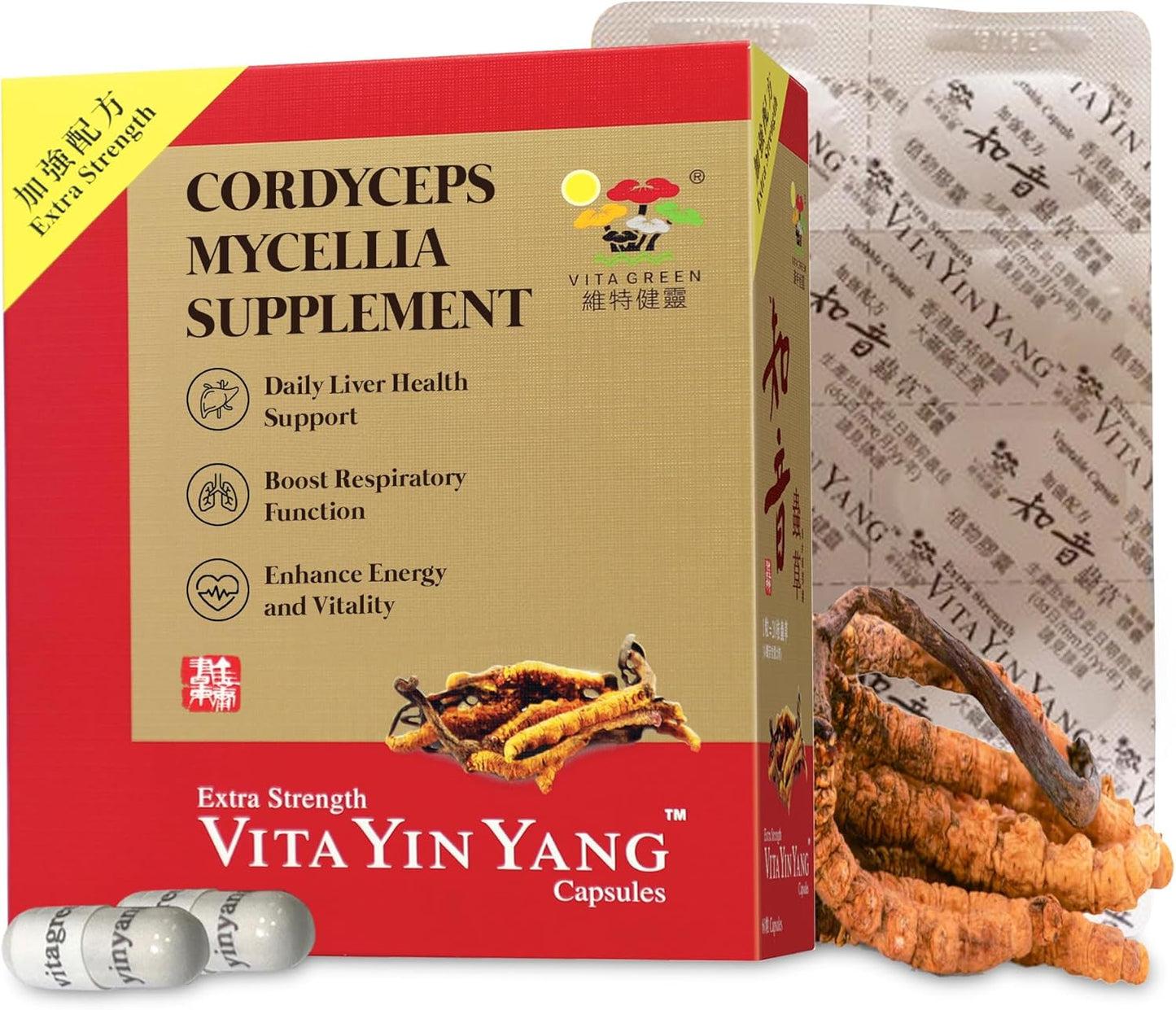 Vita Green Yin Yang Cordyceps Mycelium Capsules - Promotes Respiratory, Energy, Liver & Kidney Health - 60ct