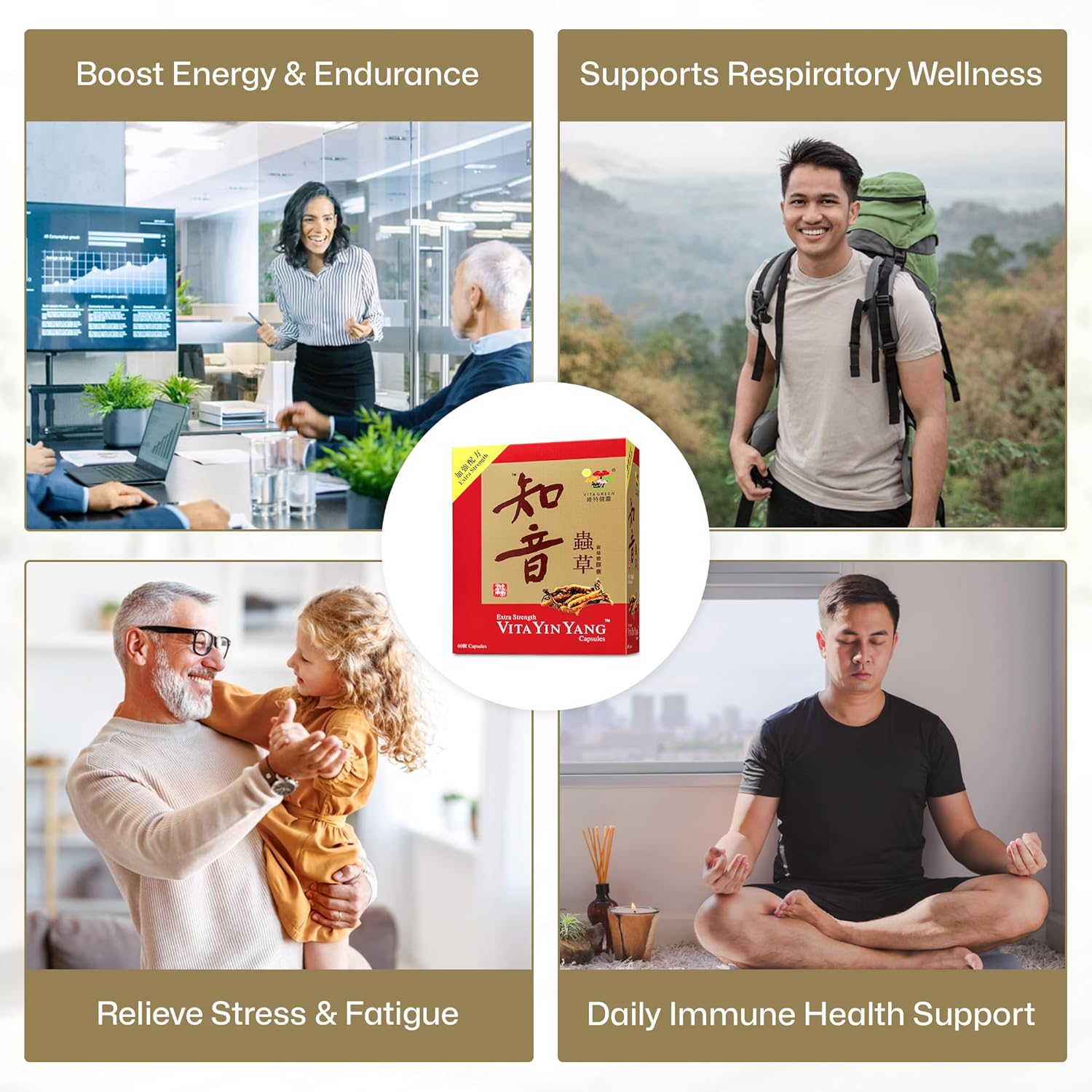 Vita Green Yin Yang Cordyceps Mycelium Capsules - Promotes Respiratory, Energy, Liver & Kidney Health - 60ct