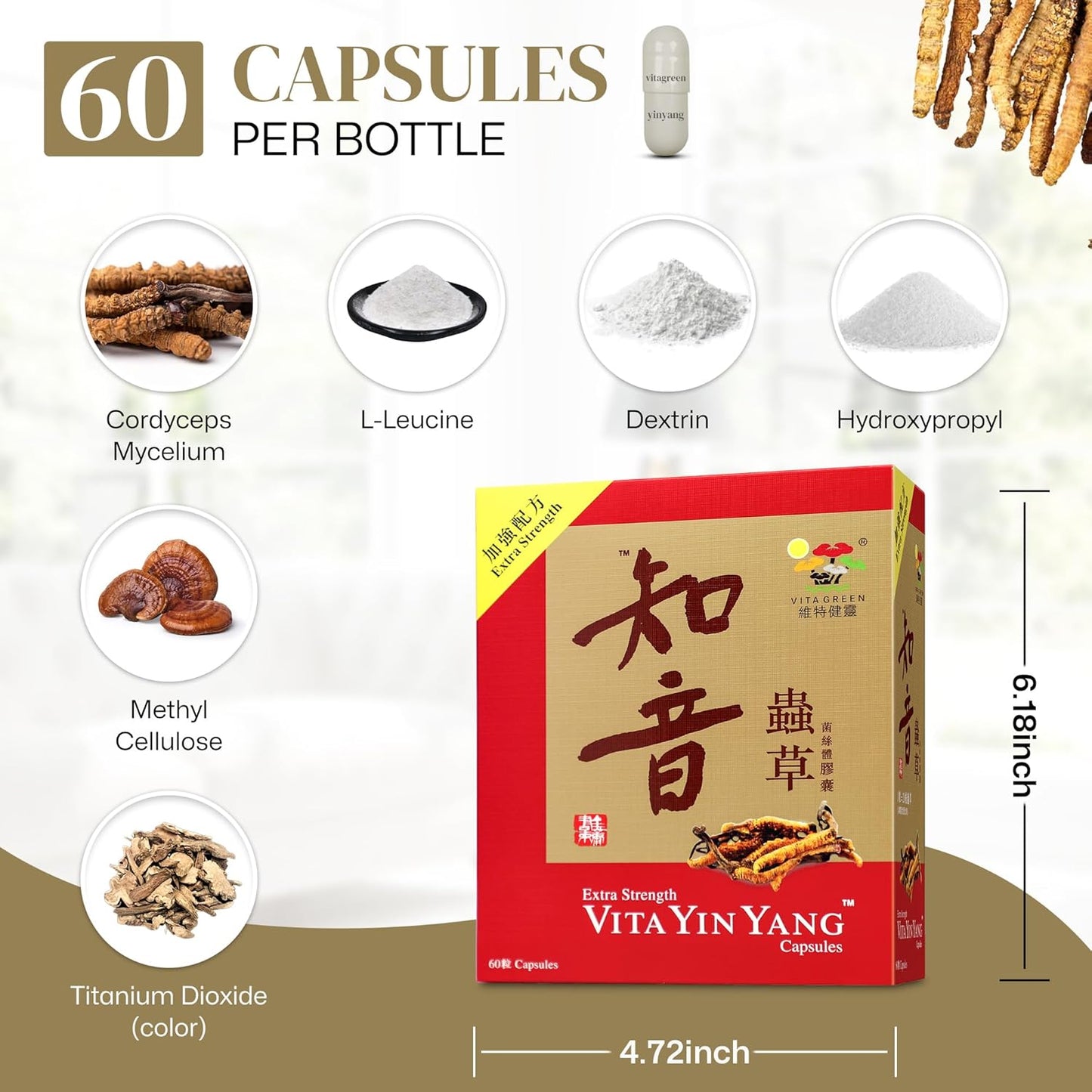 Vita Green Yin Yang Cordyceps Mycelium Capsules - Promotes Respiratory, Energy, Liver & Kidney Health - 60ct