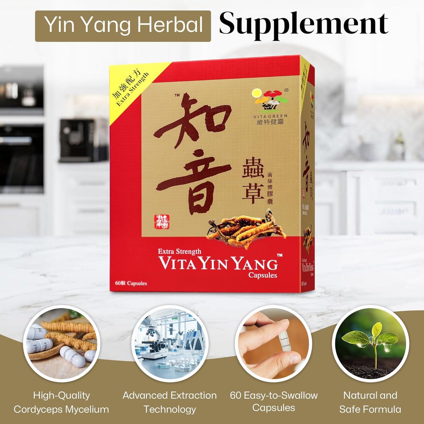 Vita Green Yin Yang Cordyceps Mycelium Capsules - Promotes Respiratory, Energy, Liver & Kidney Health - 60ct