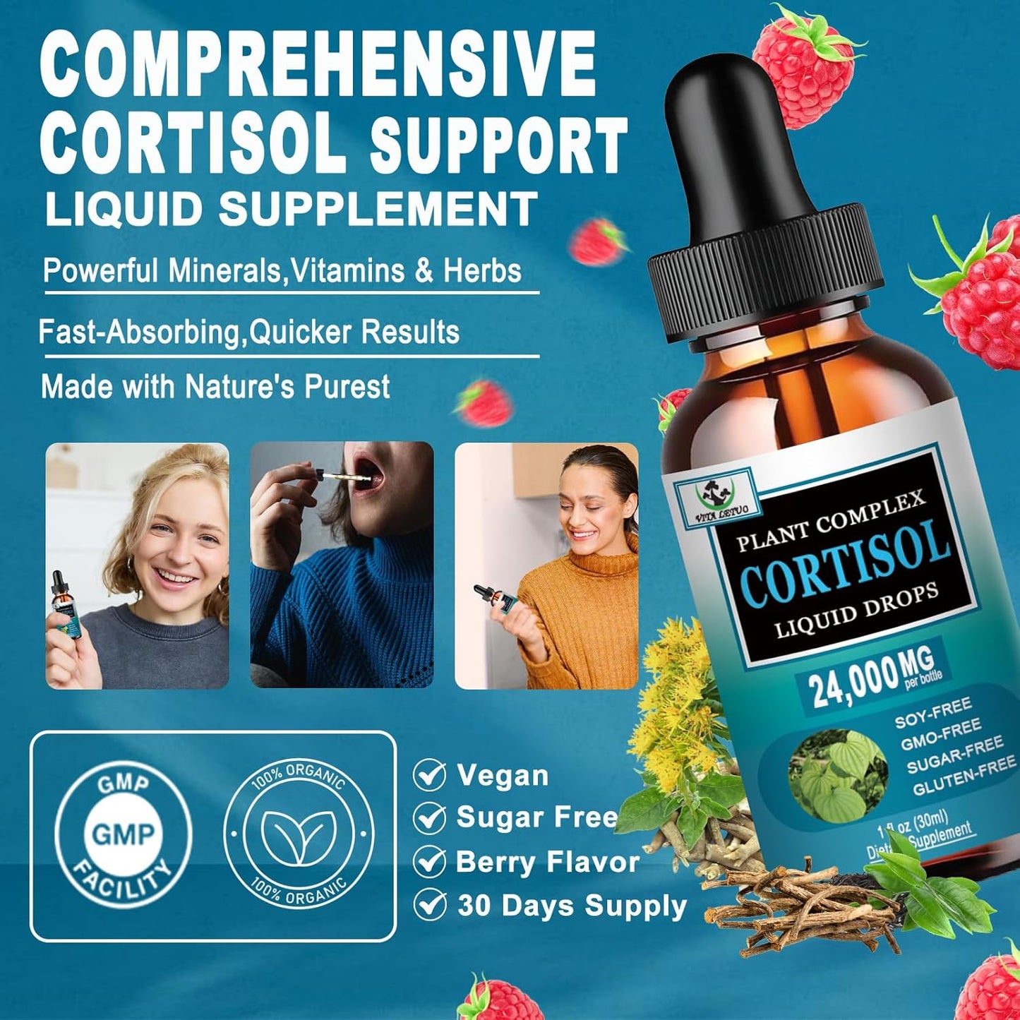 Vita Letuo Liquid Cortisol Supplement for Women - 19-in-1 Hormone Balanced Drops with Ashwagandha, Magnesium, L-theanine, Phosphatidylserine - Promotes Sleep and Focus, Non-GMO