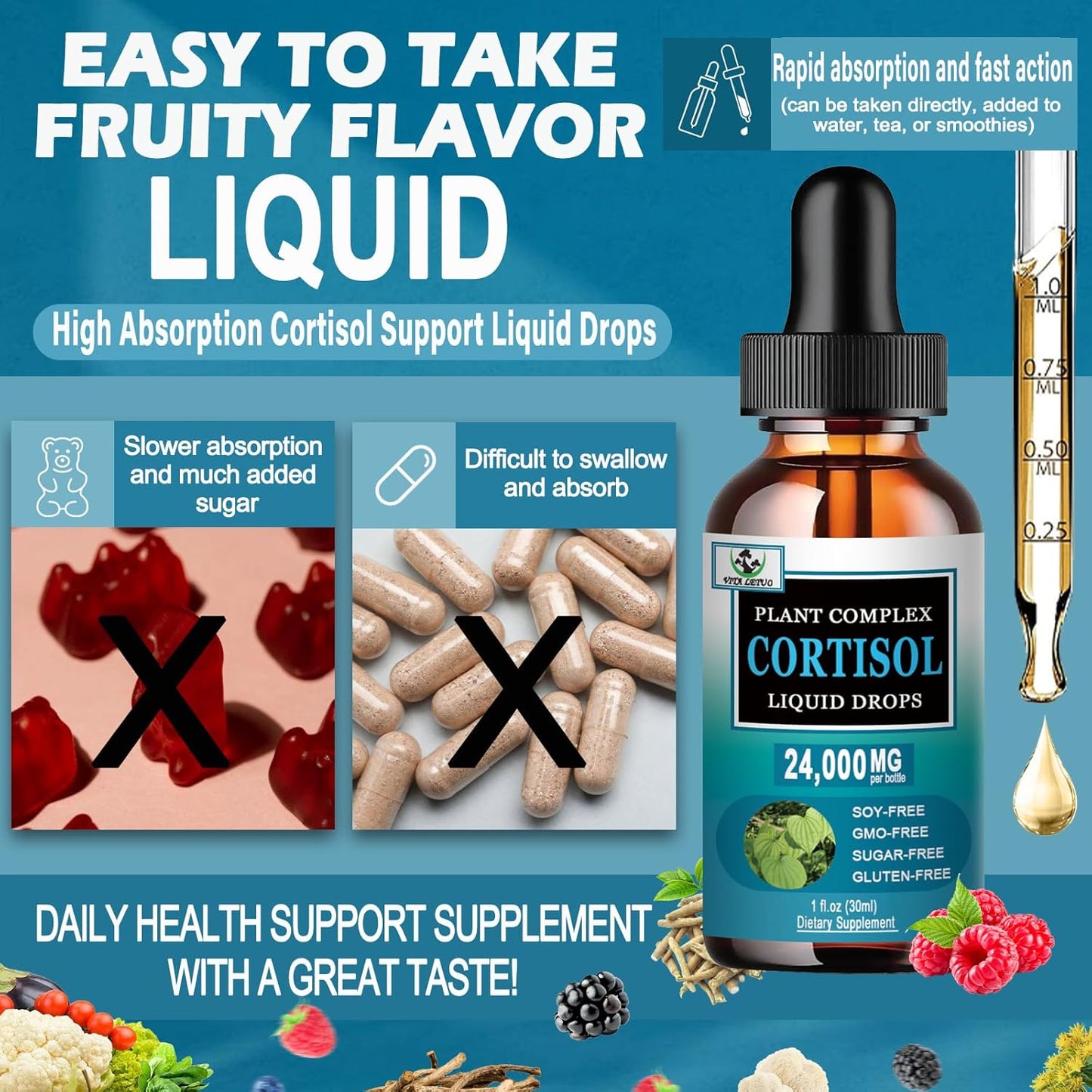 Vita Letuo Liquid Cortisol Supplement for Women - 19-in-1 Hormone Balanced Drops with Ashwagandha, Magnesium, L-theanine, Phosphatidylserine - Promotes Sleep and Focus, Non-GMO