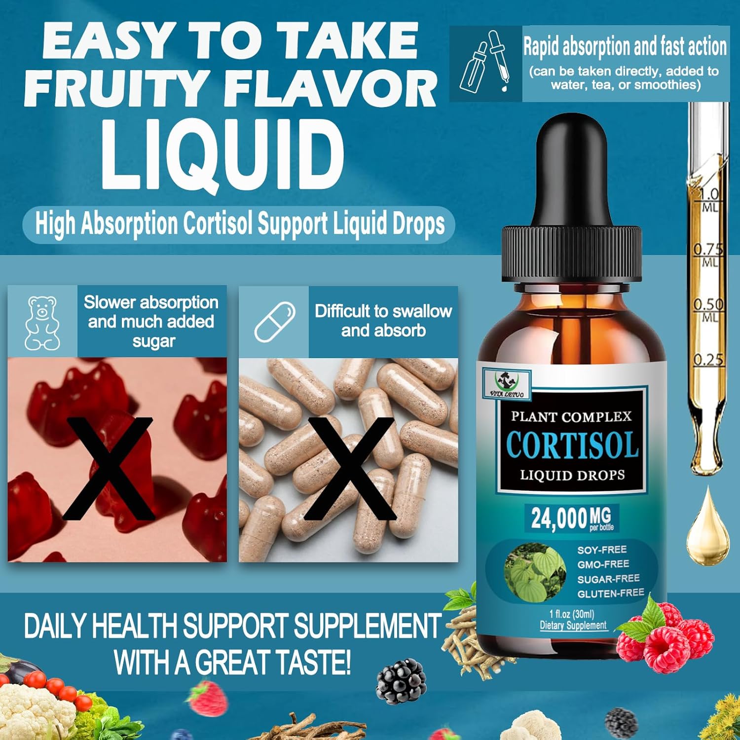 Vita Letuo Liquid Cortisol Supplement for Women - 19-in-1 Hormone Balanced Drops with Ashwagandha, Magnesium, L-theanine, Phosphatidylserine - Promotes Sleep and Focus, Non-GMO