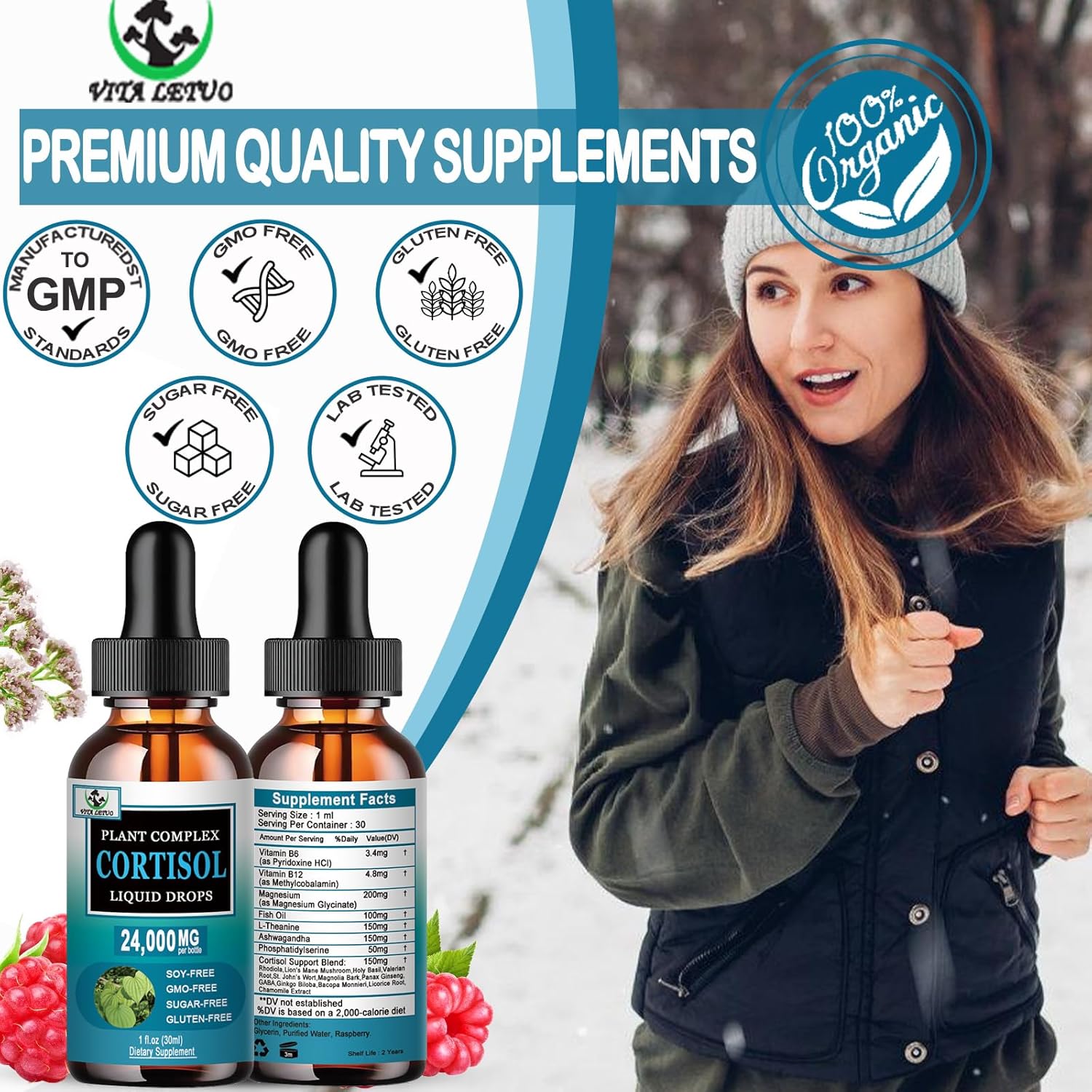 Vita Letuo Liquid Cortisol Supplement for Women - 19-in-1 Hormone Balanced Drops with Ashwagandha, Magnesium, L-theanine, Phosphatidylserine - Promotes Sleep and Focus, Non-GMO