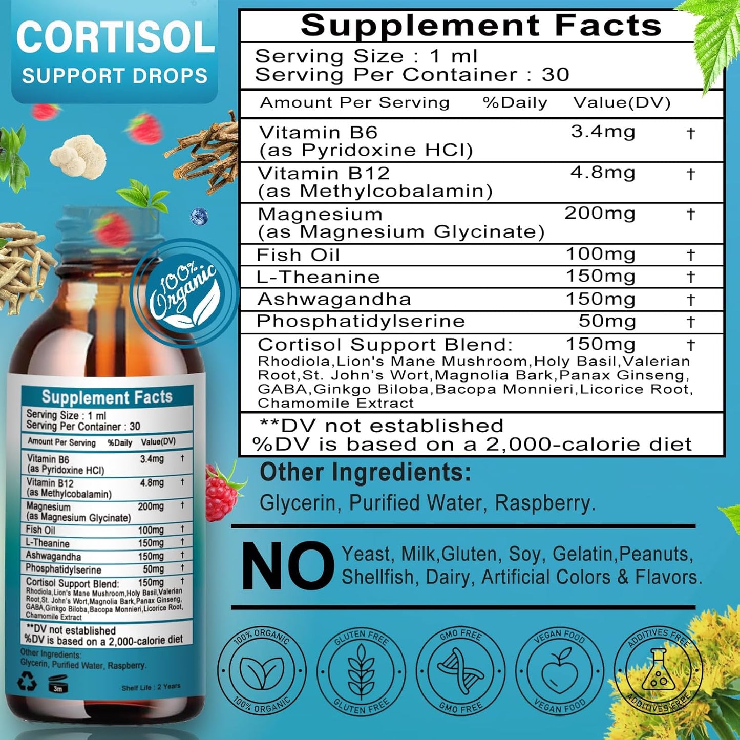 Vita Letuo Liquid Cortisol Supplement for Women - 19-in-1 Hormone Balanced Drops with Ashwagandha, Magnesium, L-theanine, Phosphatidylserine - Promotes Sleep and Focus, Non-GMO