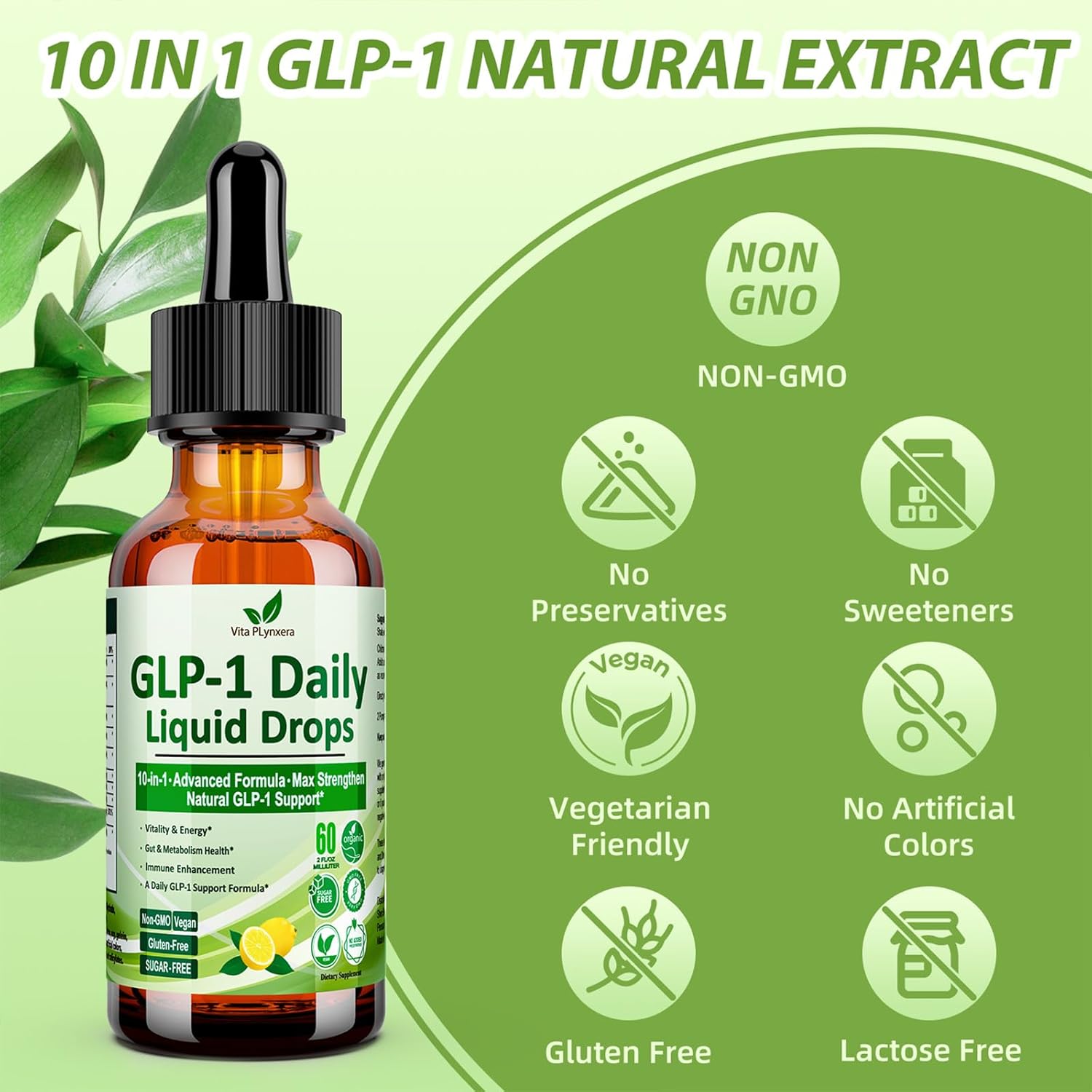 Vita PLynxera GLP-1 Supplement Liquid Drops - 2 Pack, Berberine & Cinnamon Formula for Metabolic & Digestive Health - Immune & Energy Support