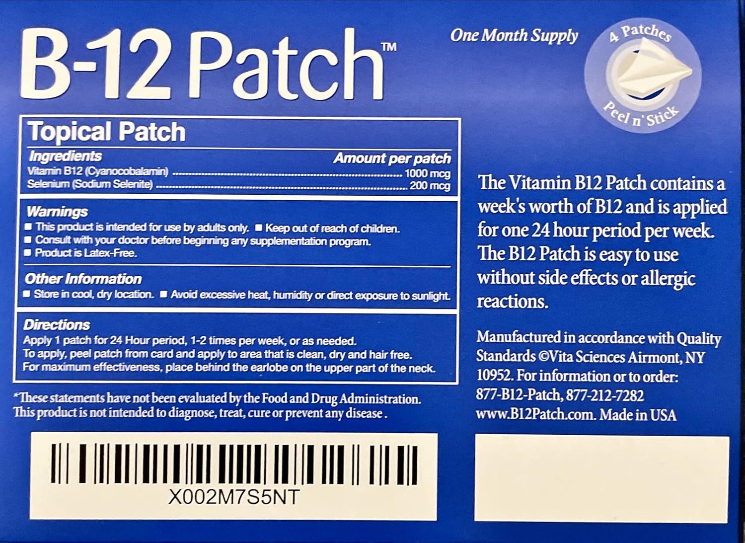 Vita Sciences Vitamin B12 Patch - Extra Strength Formula for Energy, Focus, Memory & Metabolism - 1 Month Supply for Men and Women