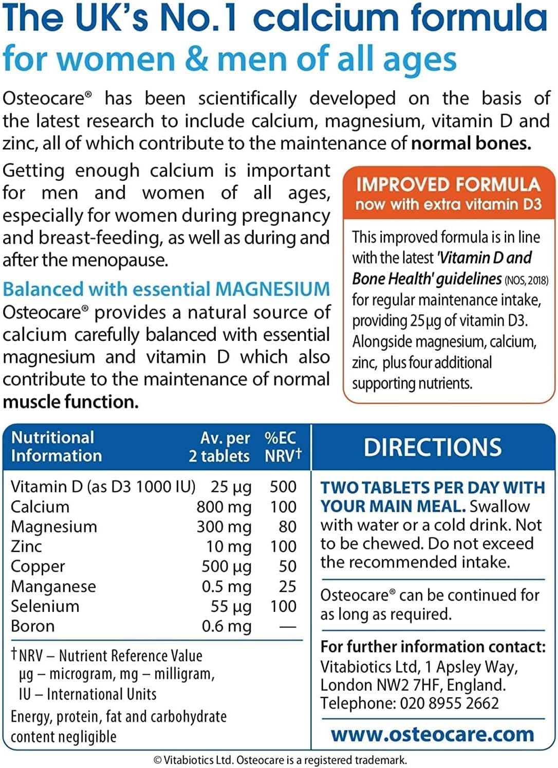 Vitabiotics Osteocare Calcium 800mg with Vitamin D3, Magnesium, and Zinc - Bone Health and Immunity Multivitamin Supplement - 90 Tablets for Men and Women