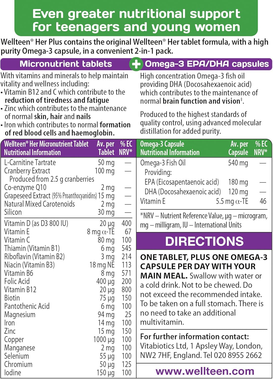 Vitabiotics Wellteen Her Plus Omega-3 - Nutritional Support for Teenagers and Young Women - 56 Tablets and Capsules