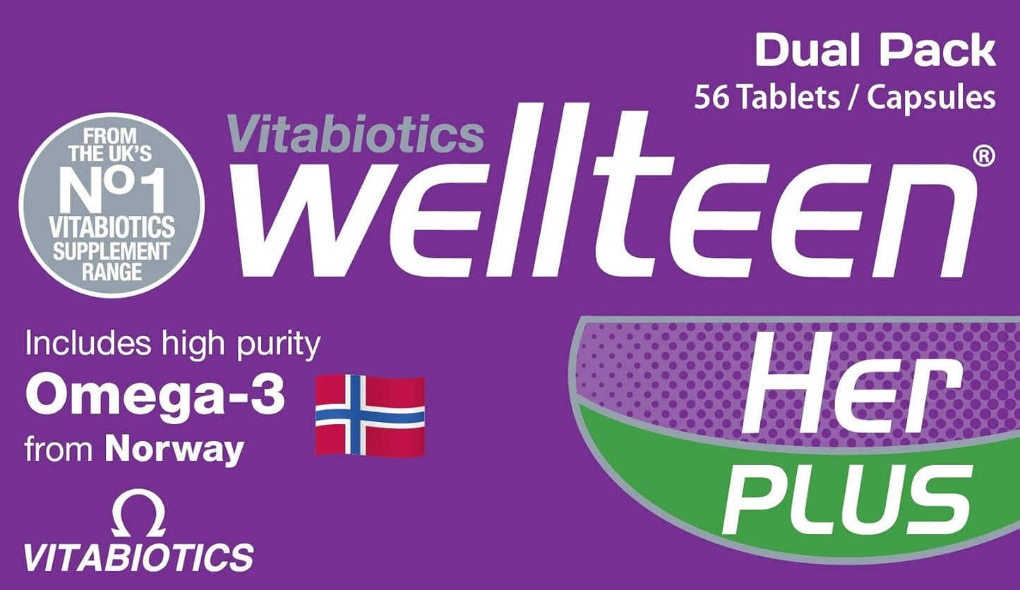 Vitabiotics Wellteen Her Plus Omega-3 - Nutritional Support for Teenagers and Young Women - 56 Tablets and Capsules