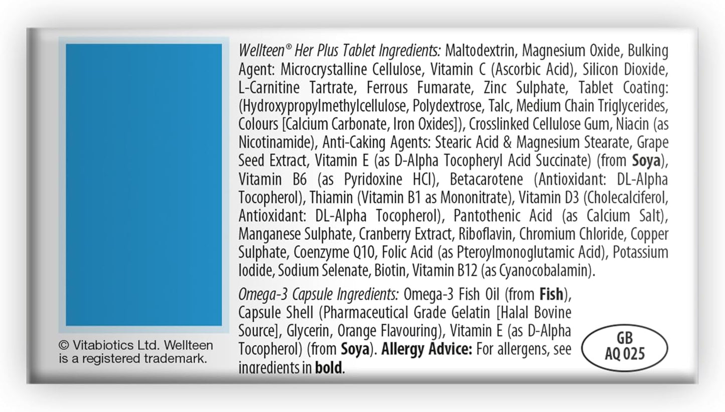 Vitabiotics Wellteen Her Plus Omega-3 - Nutritional Support for Teenagers and Young Women - 56 Tablets and Capsules