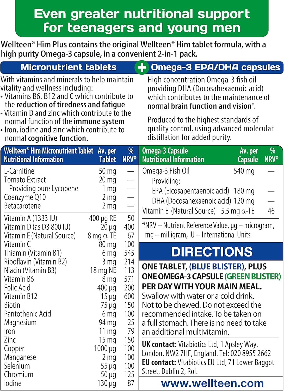 Vitabiotics Wellteen Him Plus Omega-3 - Complete Nutritional Support for Teenage Boys and Young Men 13-19 - 56 Tablets & Capsules