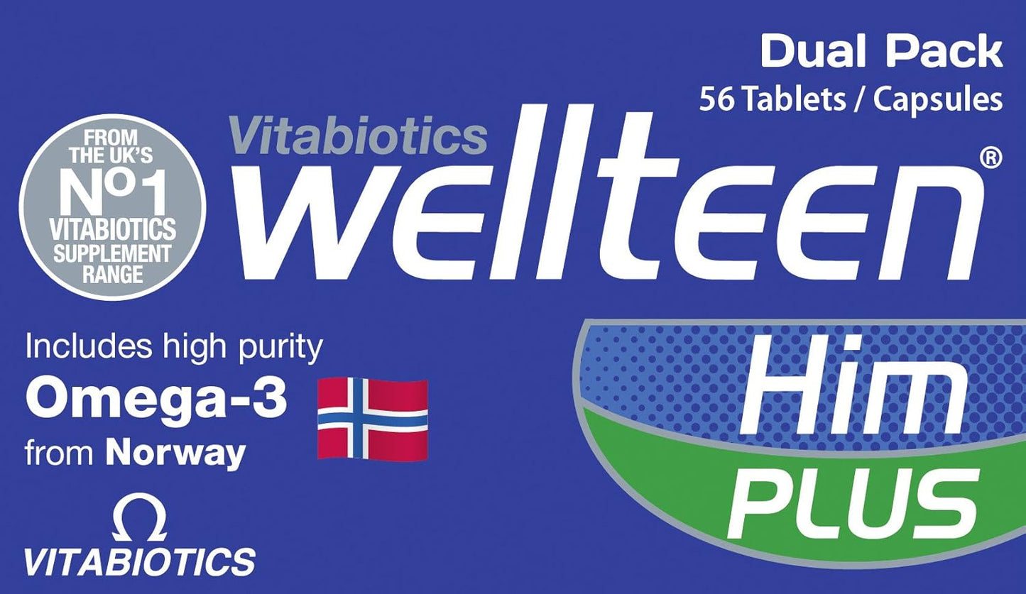 Vitabiotics Wellteen Him Plus Omega-3 - Complete Nutritional Support for Teenage Boys and Young Men 13-19 - 56 Tablets & Capsules