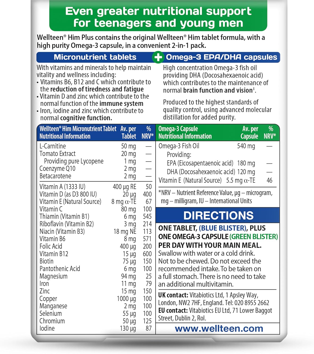 Vitabiotics Wellteen Him Plus Omega-3 - Complete Nutritional Support for Teenage Boys and Young Men 13-19 - 56 Tablets & Capsules